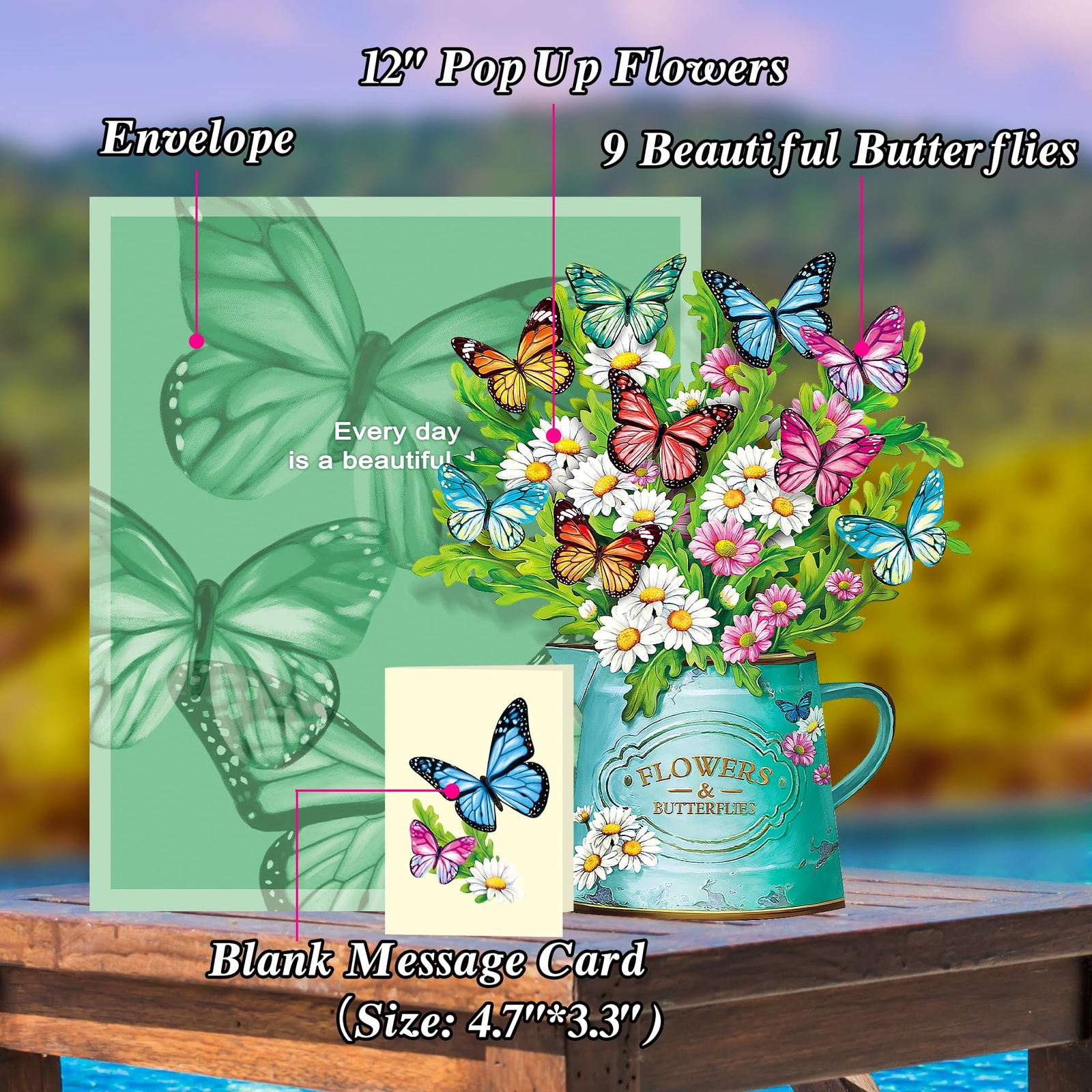 Pop Up Flower Cards, Paper Flowers Bouquet 12’‘ Daisies and Butterflies 3D Popup