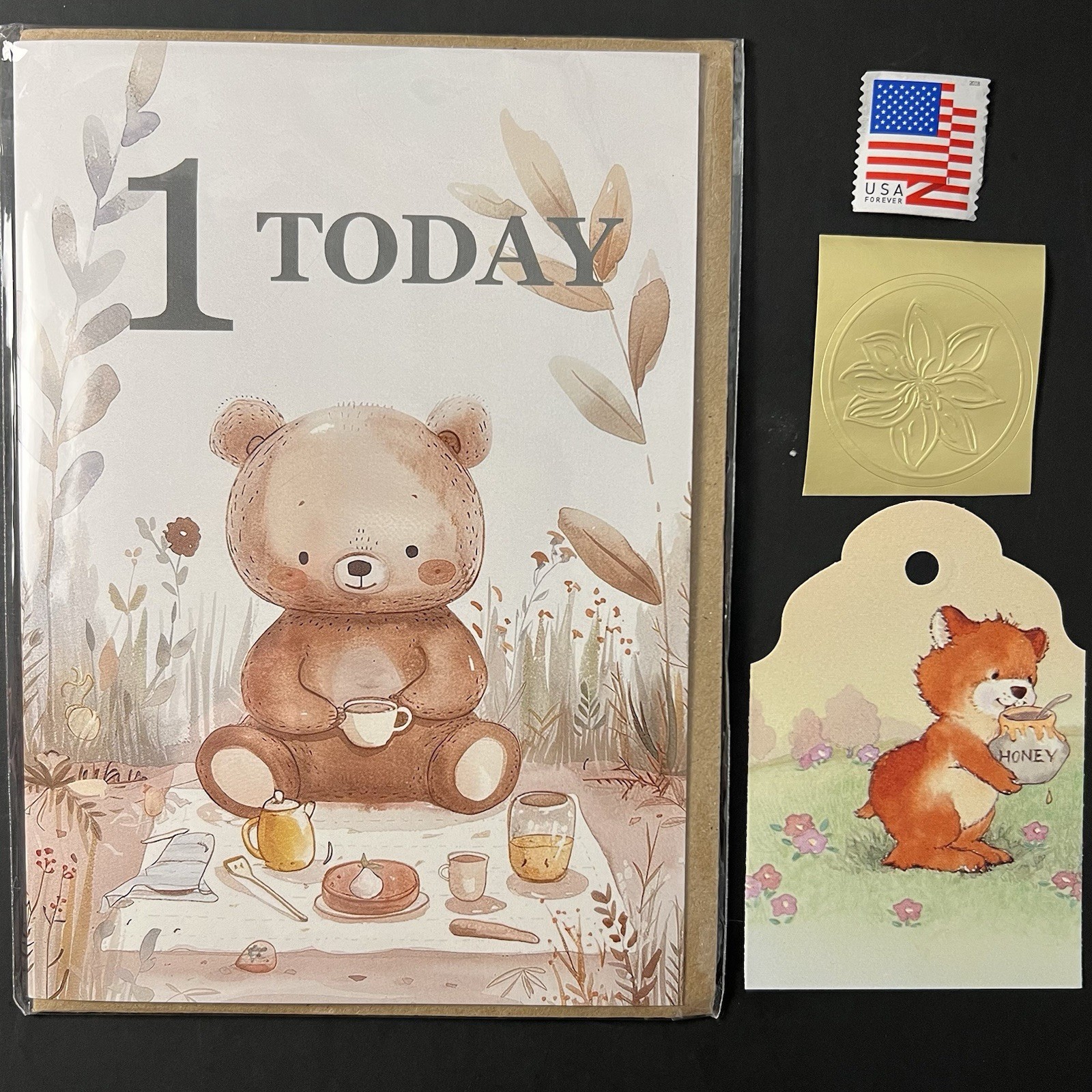 Sealed 1 Year Old BIRTHDAY Card Teddy Bear Tea Party w/Gift Tag/Seal/Stamp BN UK