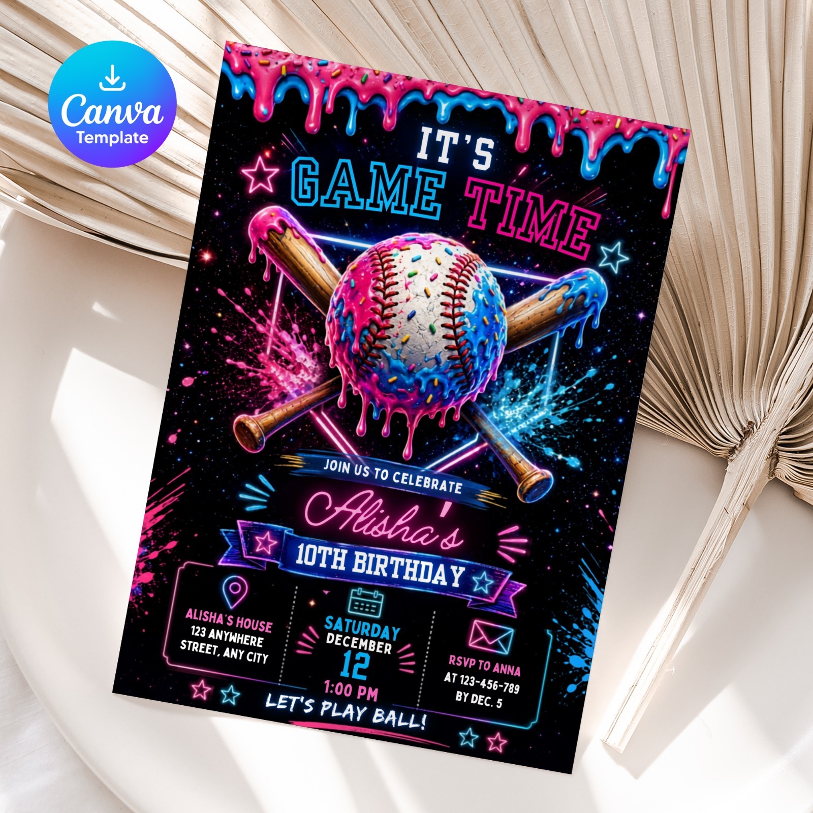 Baseball Drip Birthday Invitation Editable Canva Template Printable 5×7