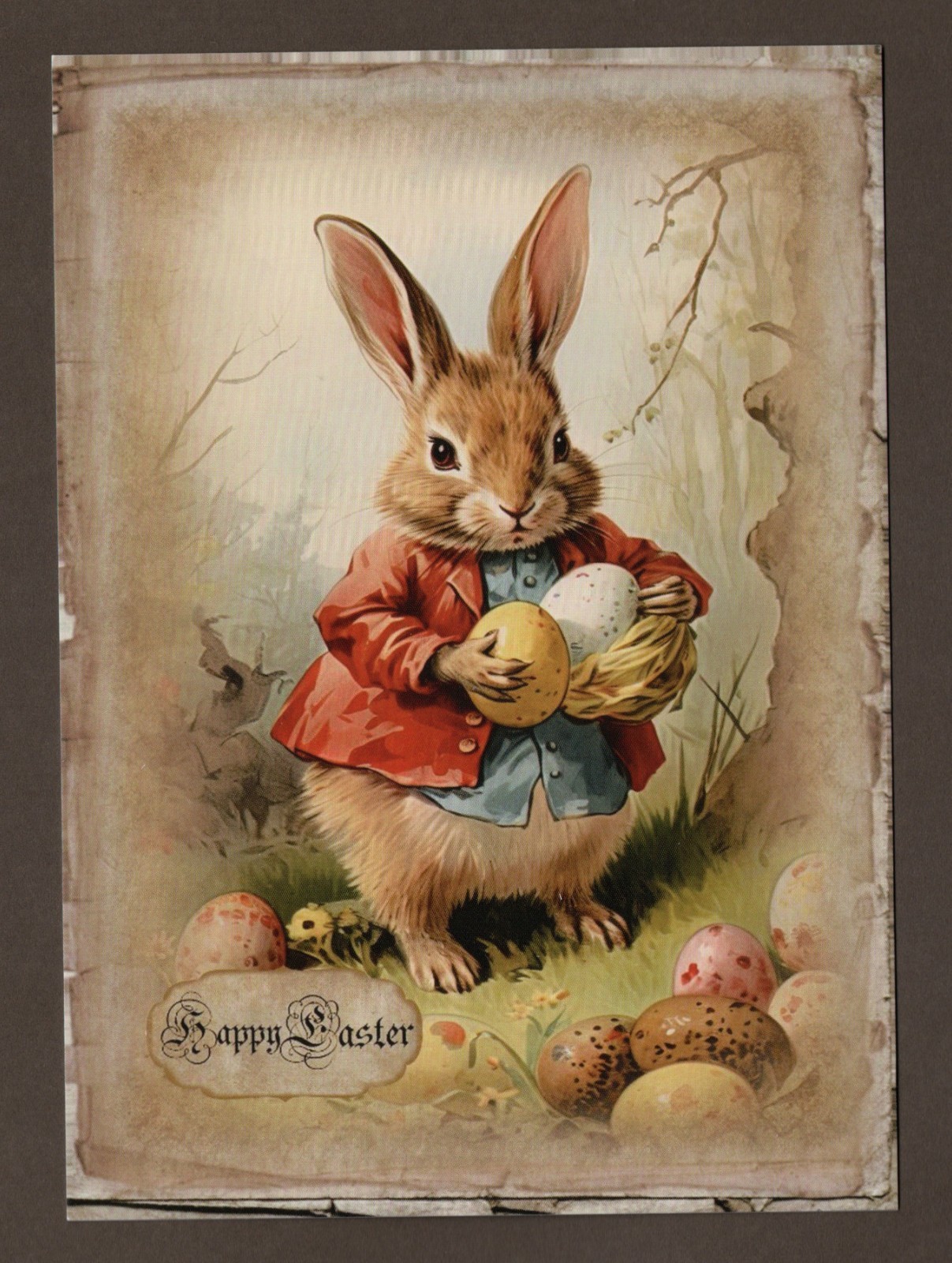Bunny Rabbit Mini Art Print or Postcard, Easter, Gathering Eggs 5.5″ x 4″ Retro