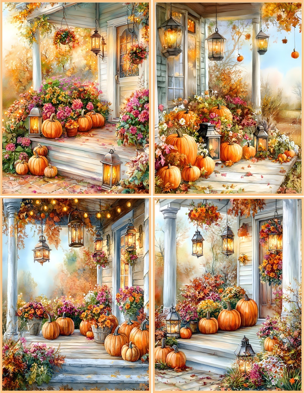 8 Fall Autumn Porch Pumpkin glossy blank fold out Note Card envelopes