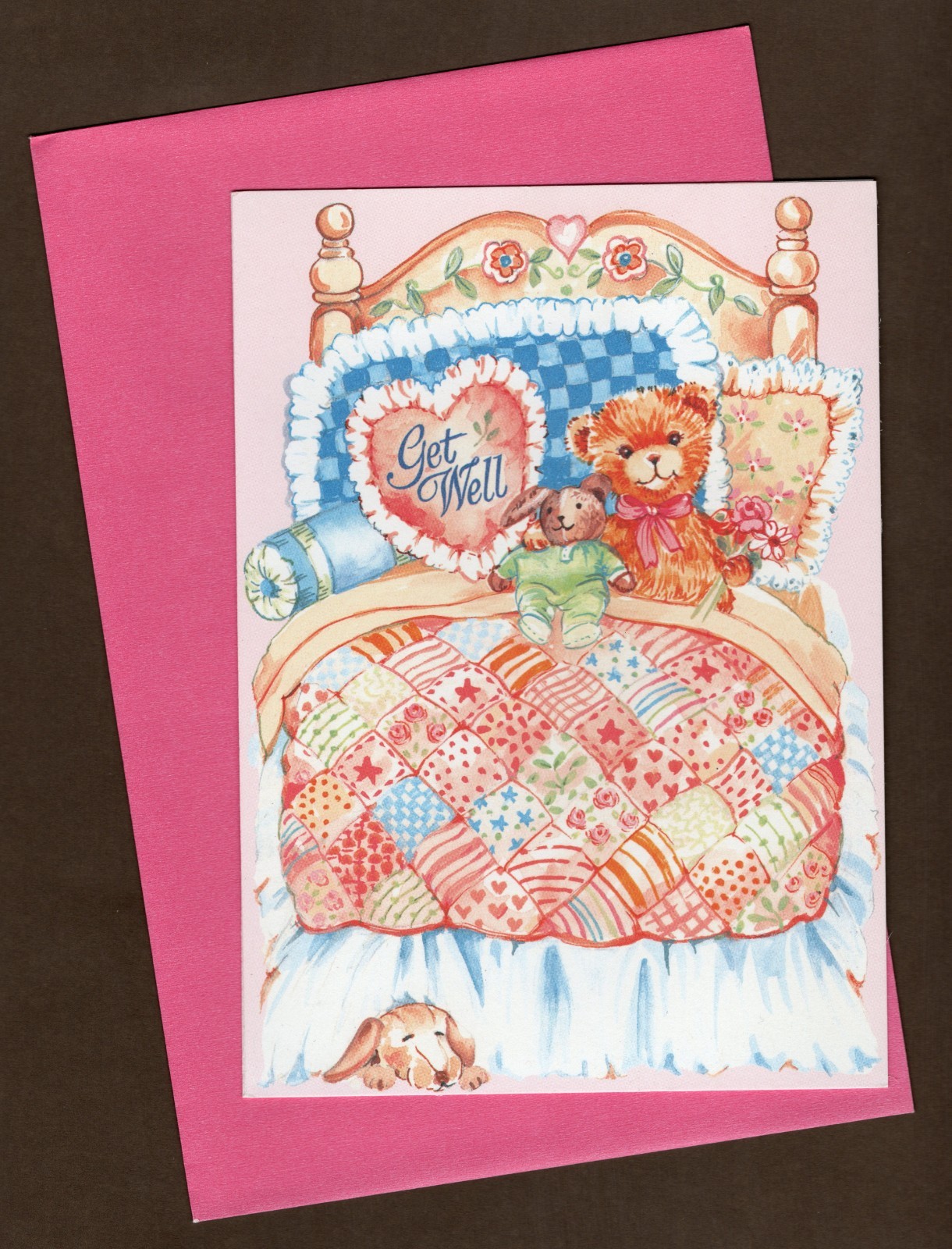 Vintage Get Well Greeting Card, 7″ Liz Schreiner, Brown Teddy Bears Quilt Bed
