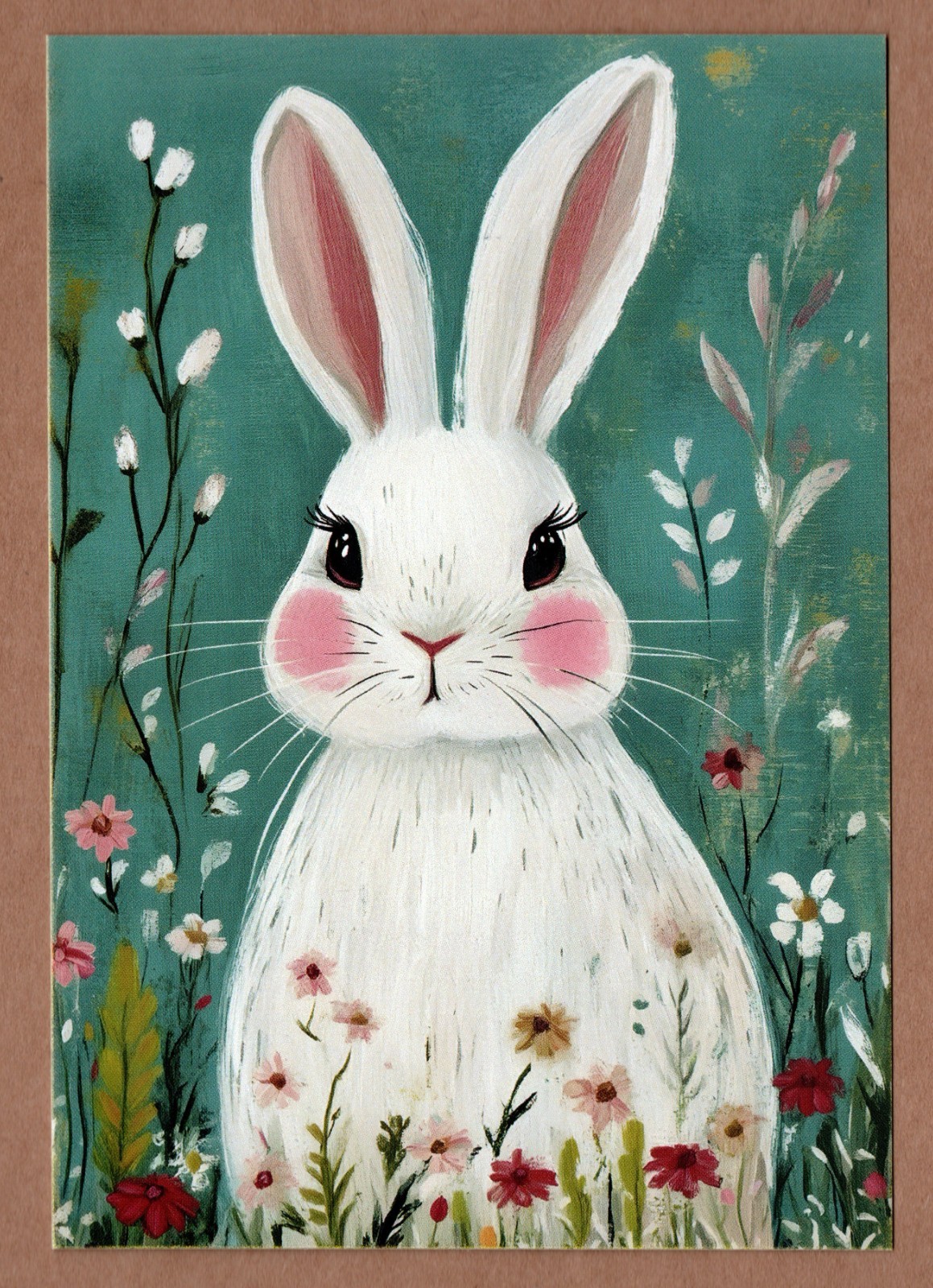 White Bunny Rabbit Mini Art Print or Postcard, Easter, Floral New