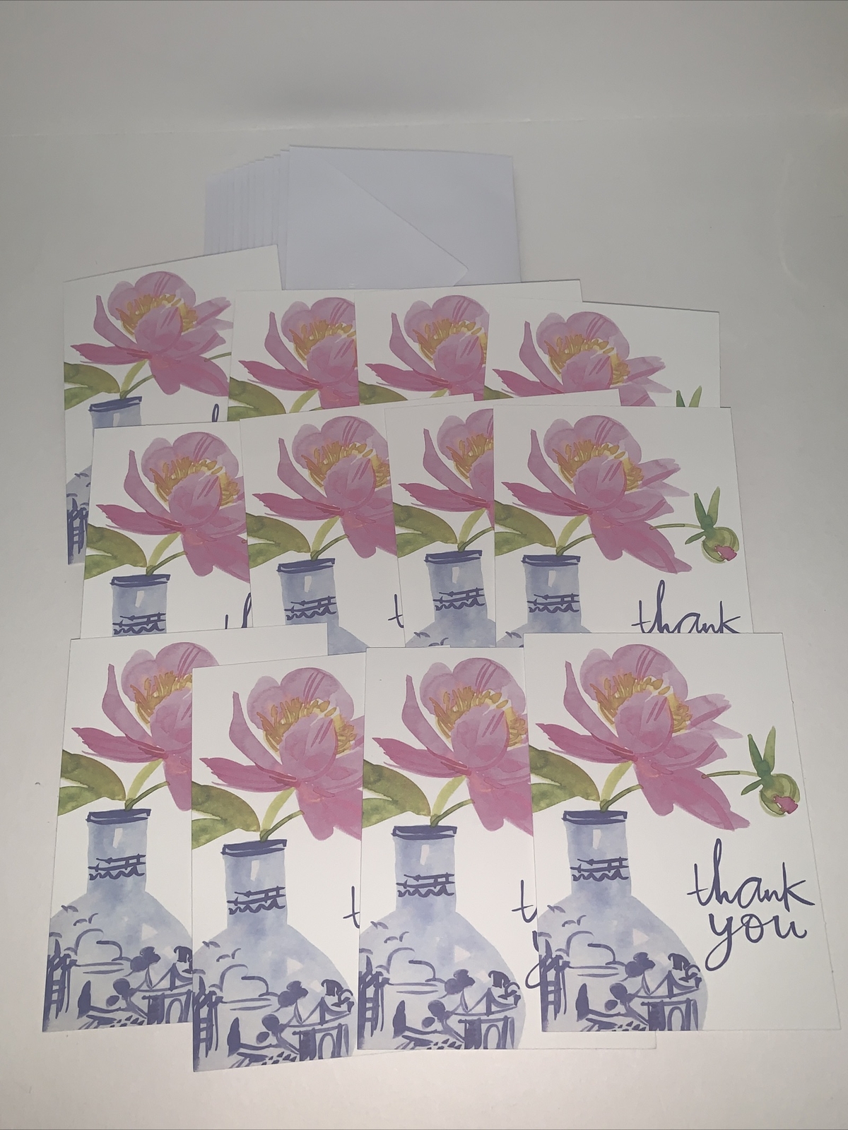 (12) Hallmark Thank You Blank Note Card: Watercolor Pink Flower In Blue Vase