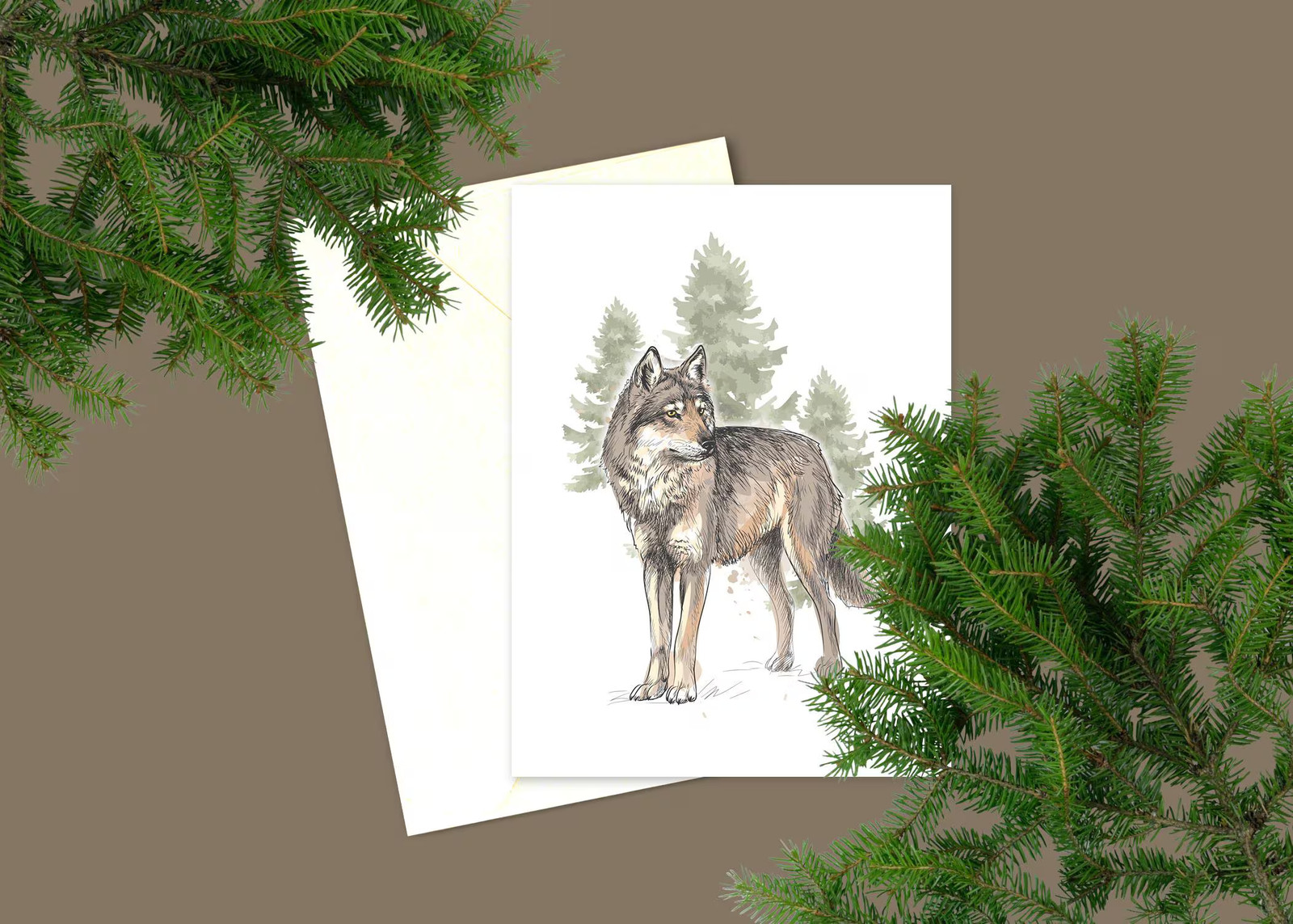 North American Wolf with Pine Trees Note Cards – 10 Boxed Note – B14745