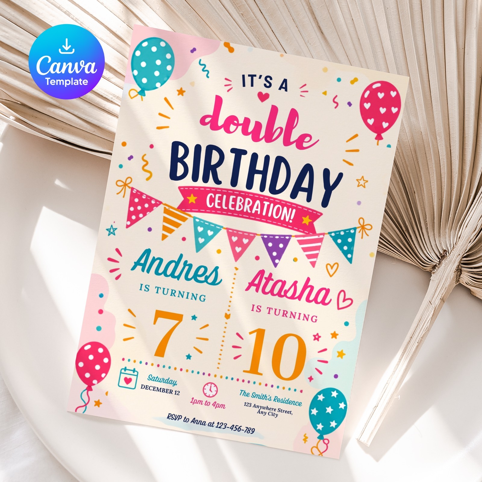 Joint Birthday Invitation Template Double Birthday Party Canva Invite 5×7