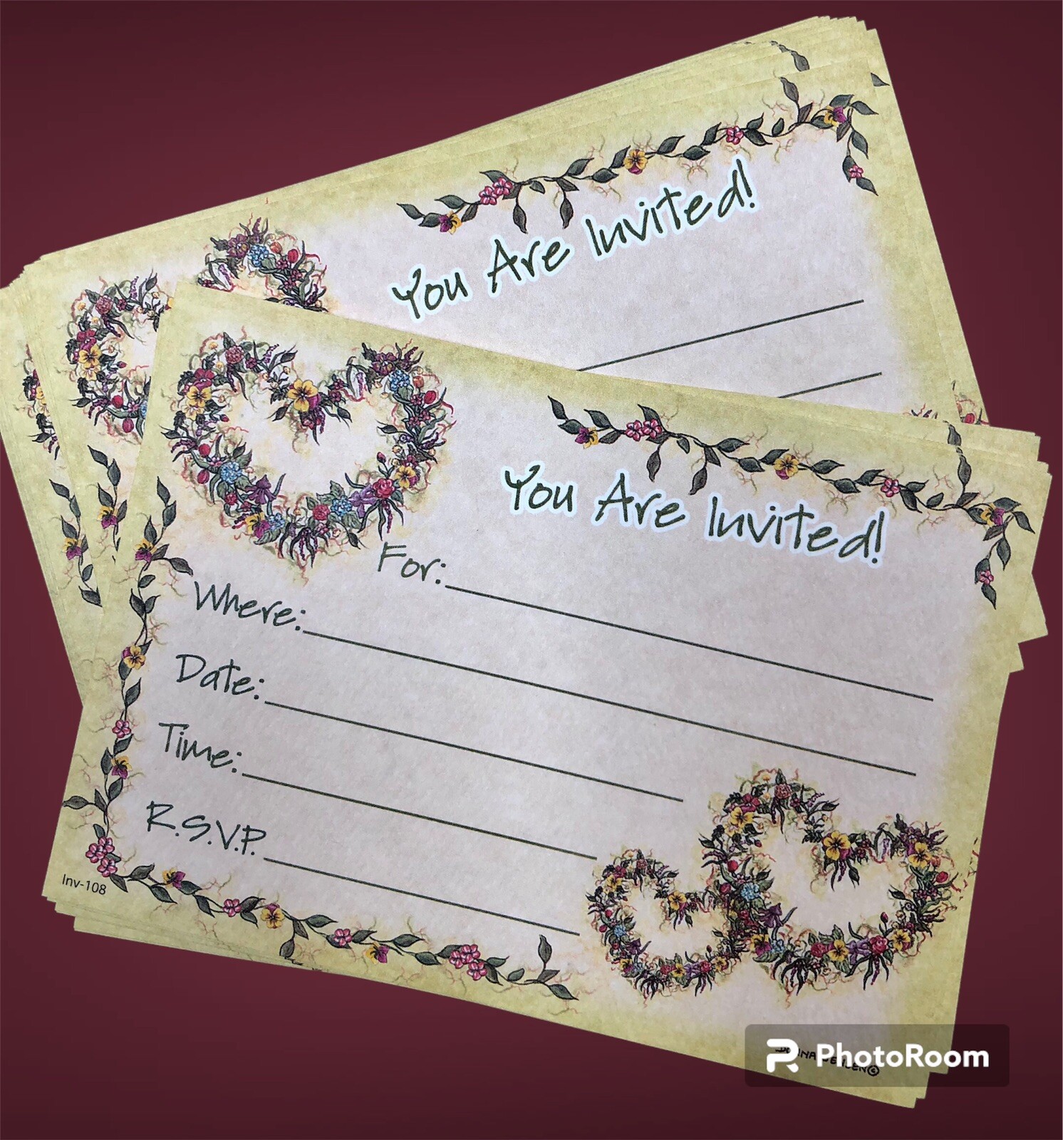 Floral Hearts invitations- 25 Cards And Envelopes Made In The USA