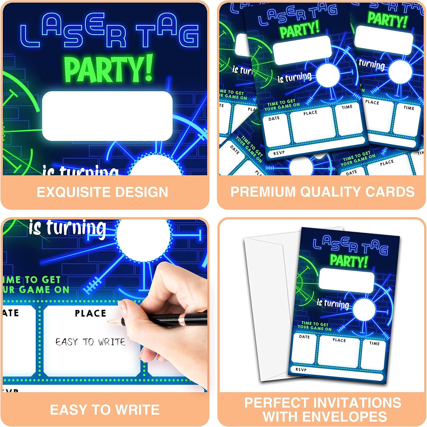 Neon Glow Laser Tag Birthday Party Invitations, 20-Count with Envelopes