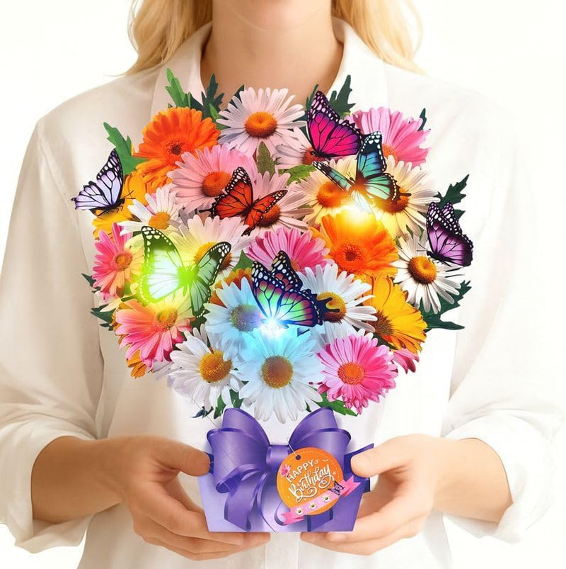 Birthday Cards, Butterfly & Daisy Birthday Card with Music and Light, Flower Bou