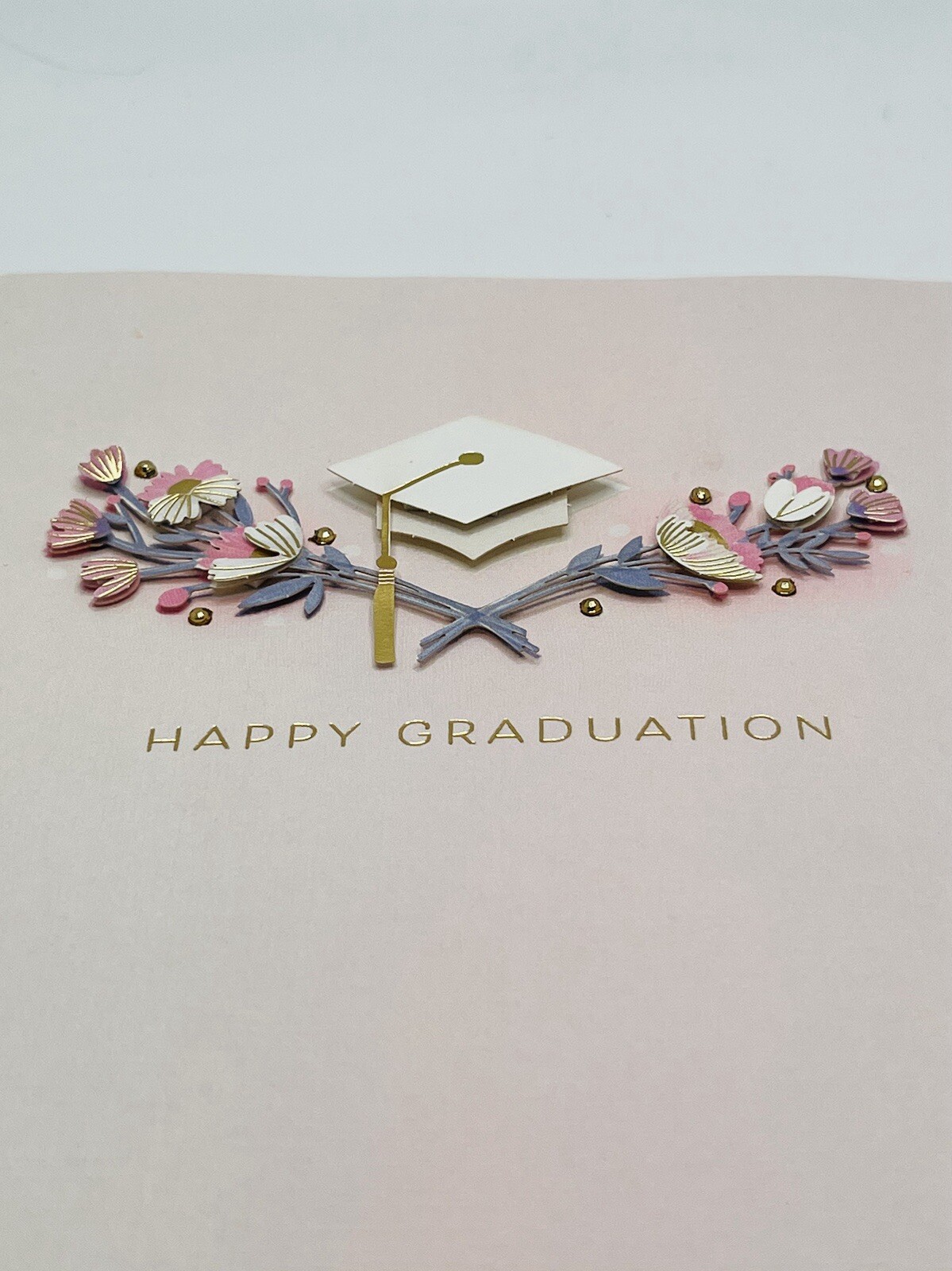 Graduation Card 3D Cutout Pink Floral Gold Foil, Beaded Hallmark Card NEW