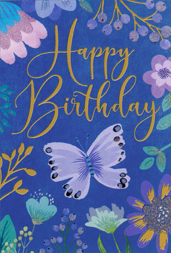 Pictura Purple Butterfly Surrounded by Floral Borders Birthday Card