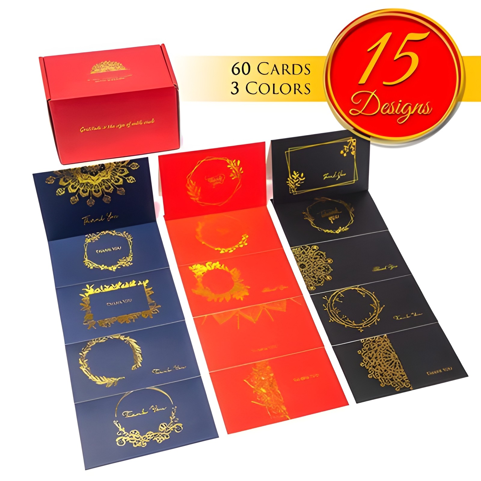 60 Pack Thank You Cards with Envelopes Bulk Set Blank Red Blue Gold 4×6 Inch New