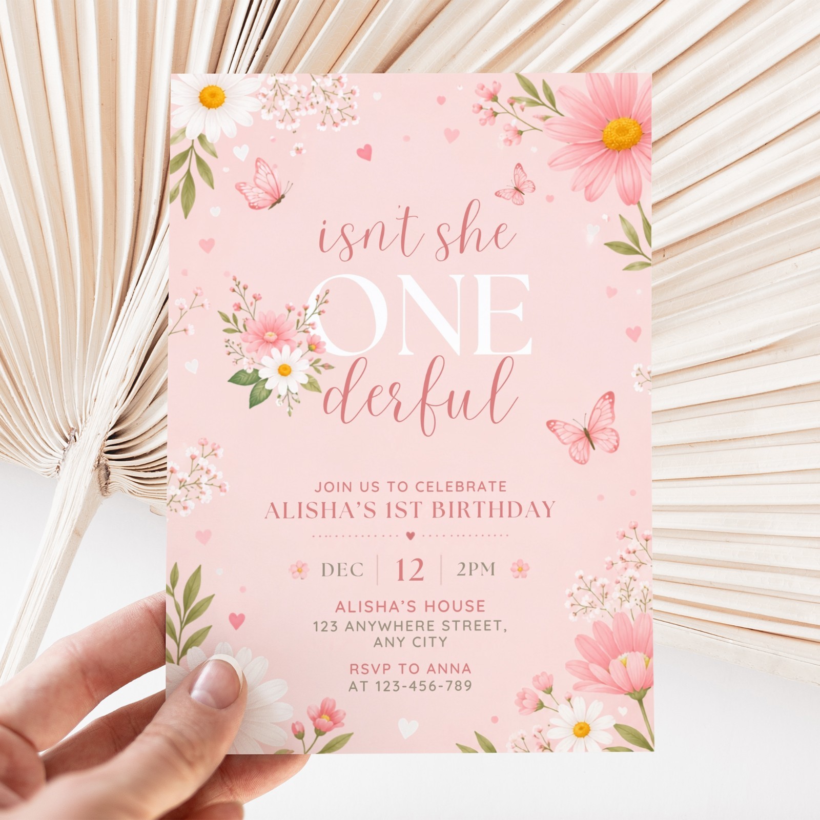 Isn’t She ONEderful 1st Birthday Invitation Pink Floral Butterfly Canva Edit