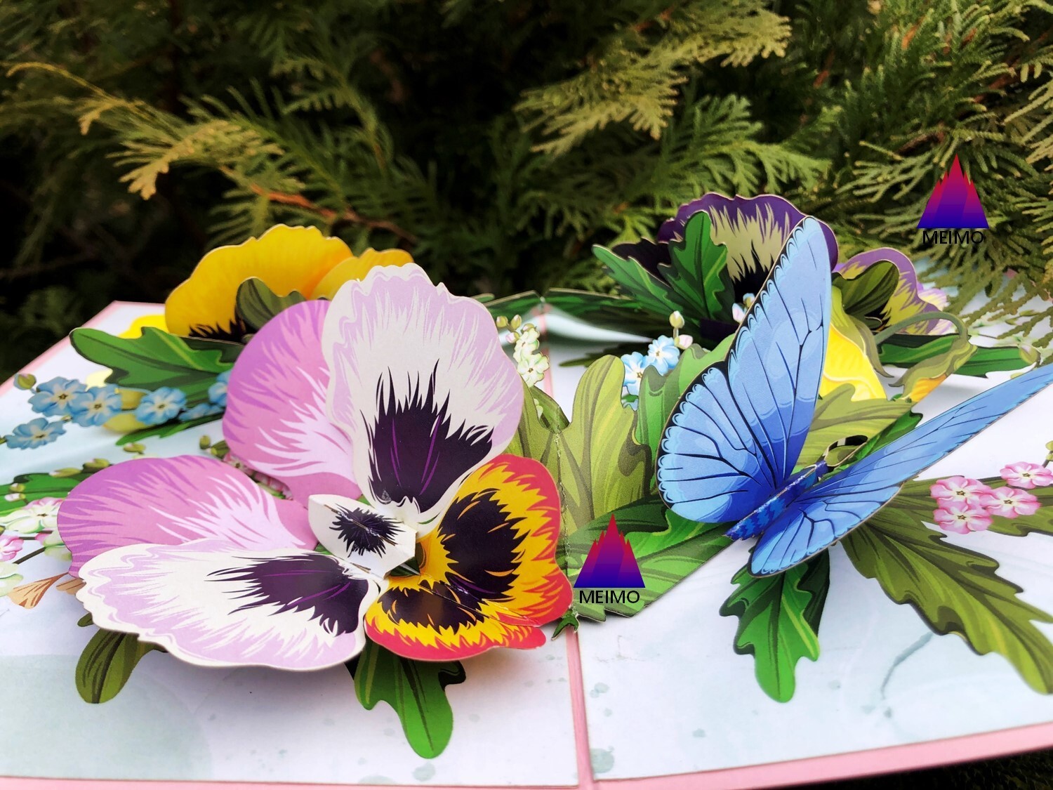 3D Pop Up Greeting Card Flower Floral Pansies Butterfly Birthday Mother Love