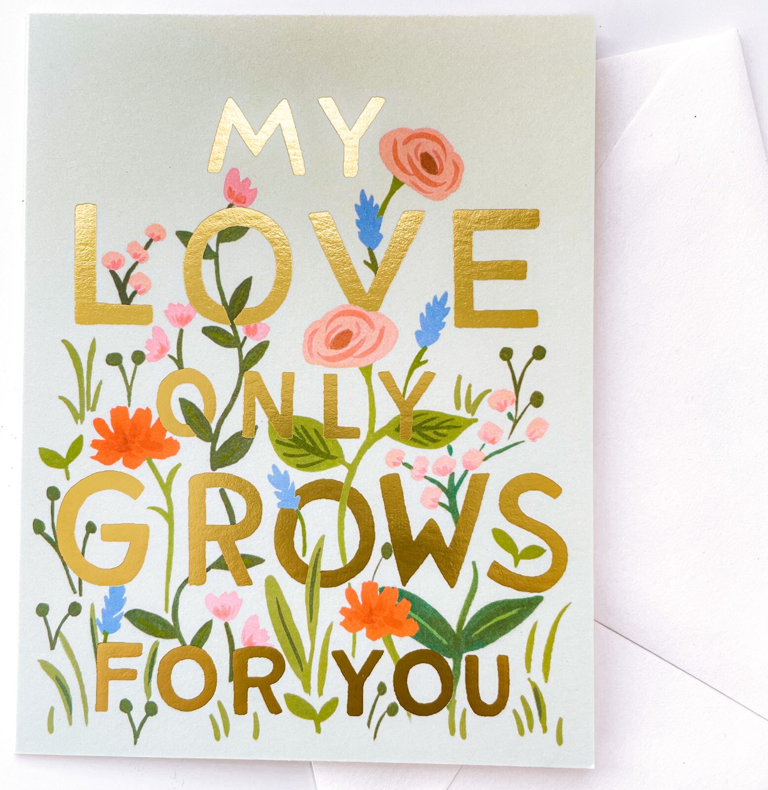 RIFLE PAPER CO. Greeting Card & Envelope – “LOVE GROWS” Gold Metallic Floral A2
