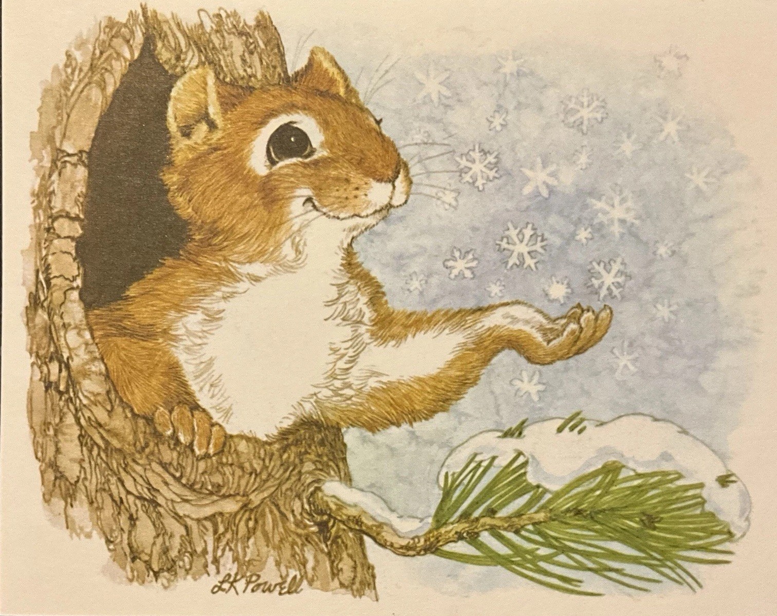 Greeting Card Squirrel Snowflakes Linda Powell BLANK Cozy Carefree Current, Inc