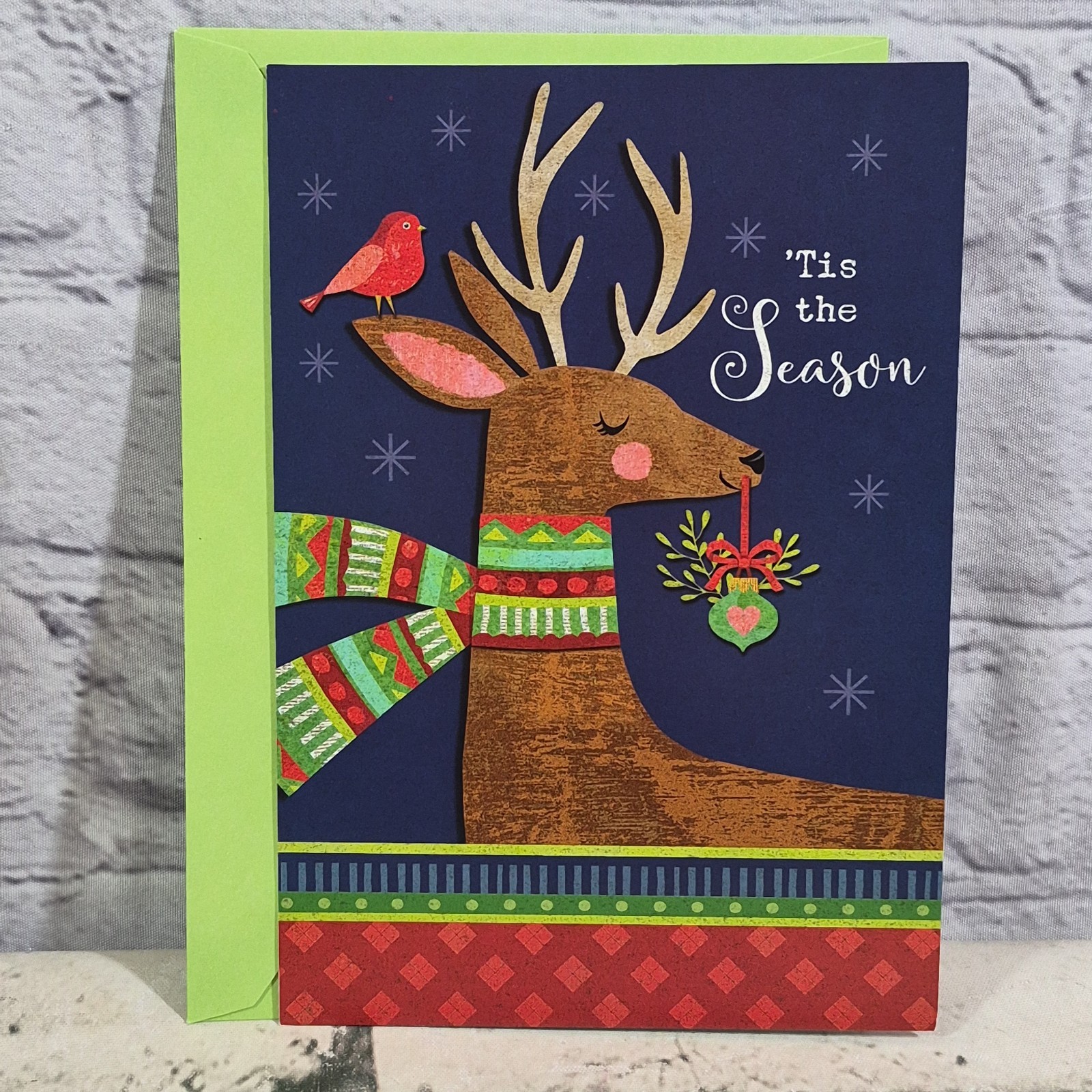 Leanin Tree Tis The Season Reindeer Christmas Card Green Envelope
