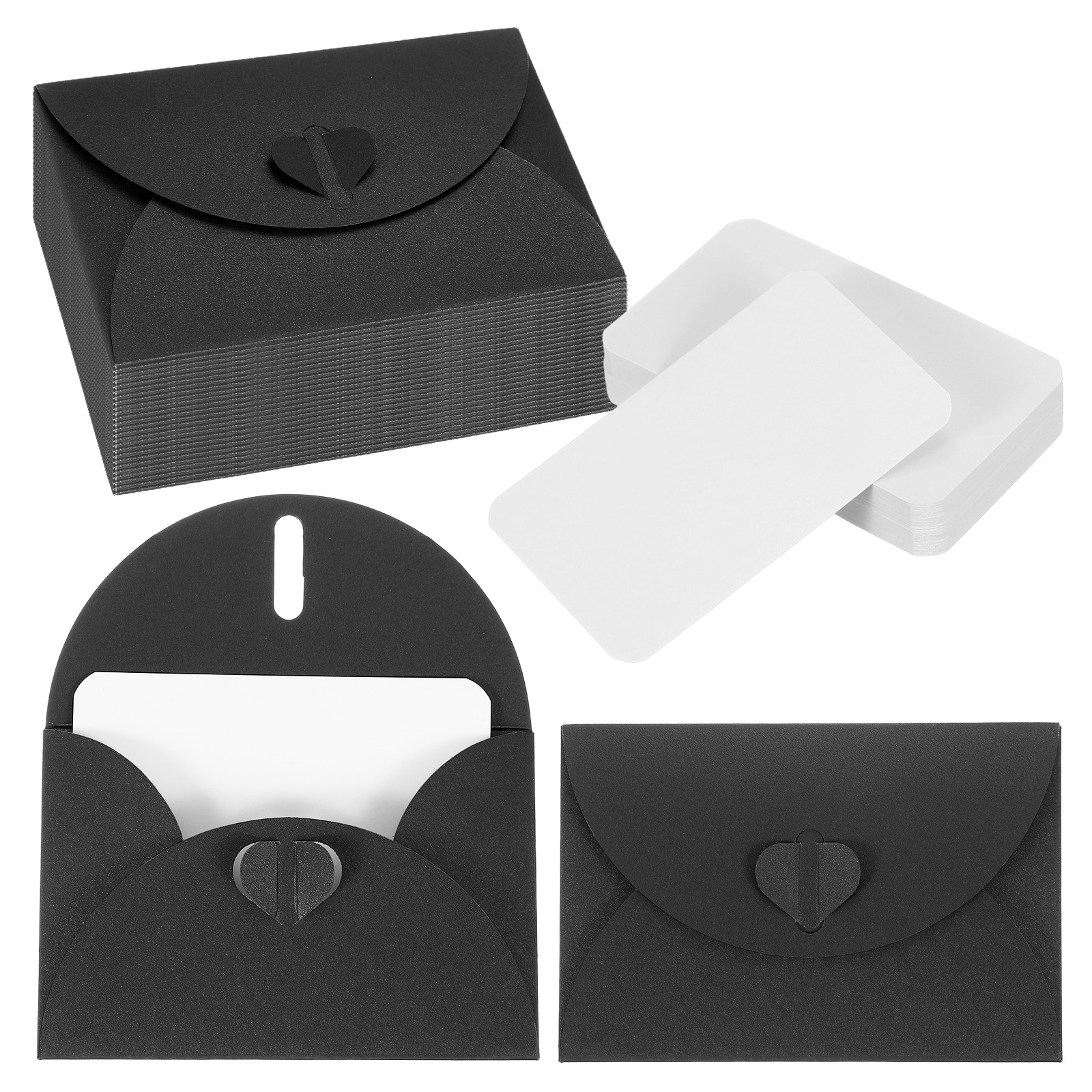 50 Set 4.1×3″ Mini Envelopes with Heart Clasp Blank Note Cards, Black