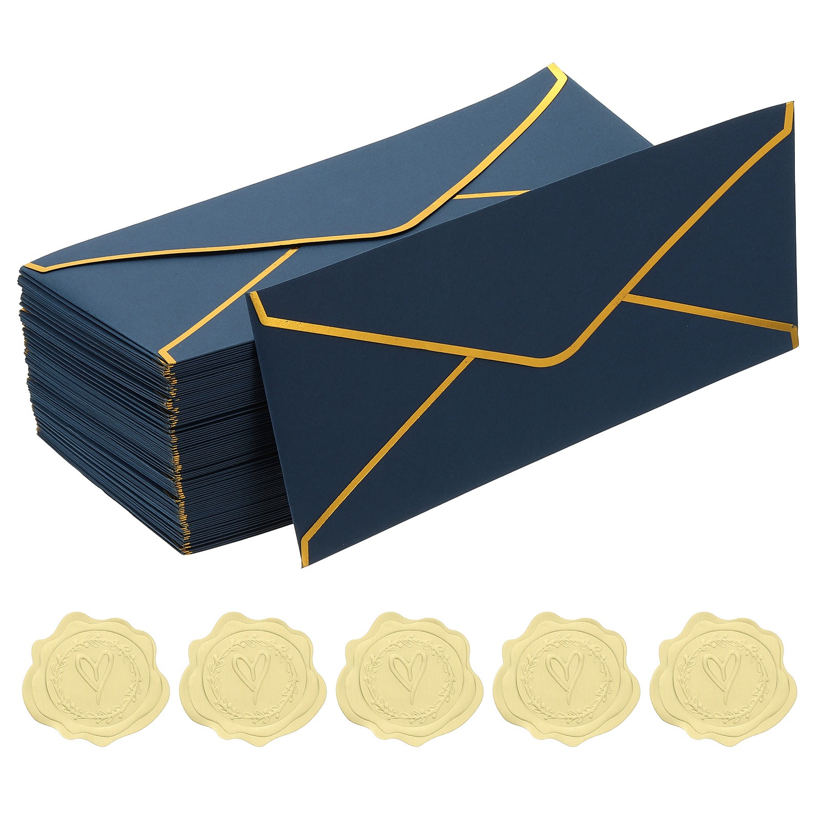 4 1/8 x 9 1/2 Inch Envelopes with Gold Border, 100 Pack V Flap, Blue