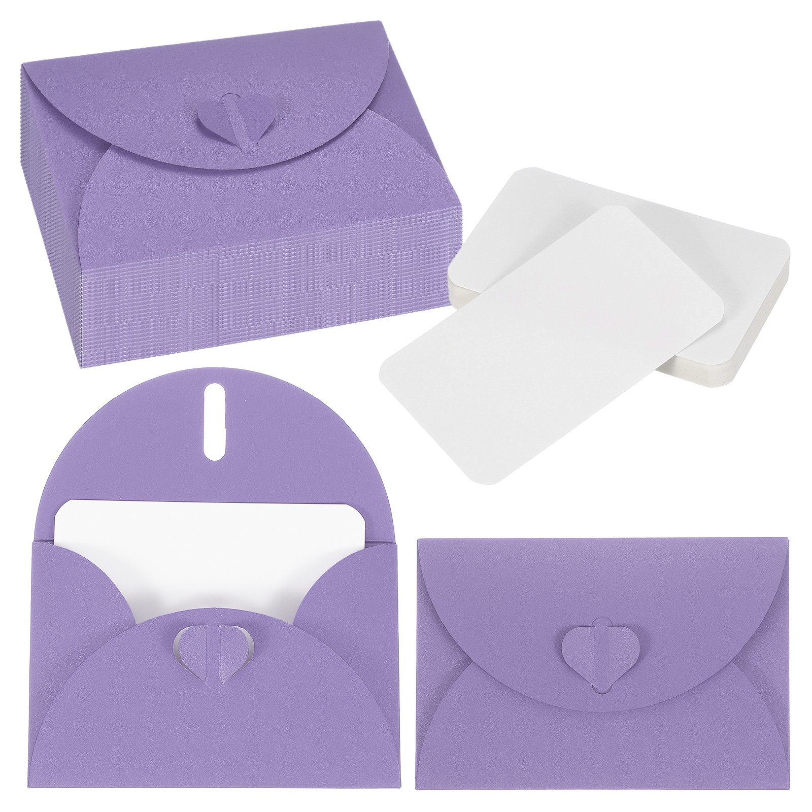 25 Set 4.1×3″ Mini Envelopes with Heart Clasp Blank Note Cards, Purple