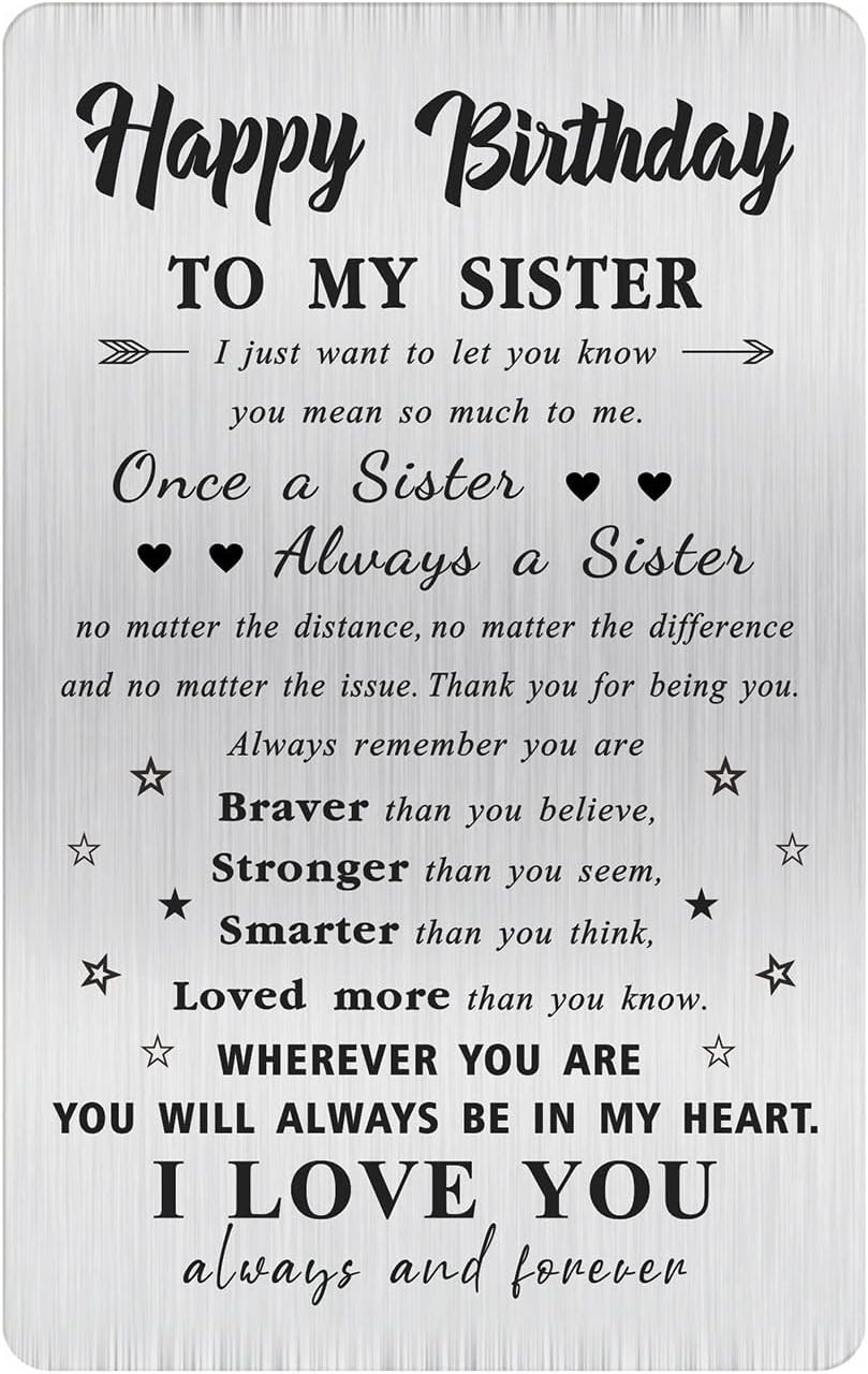Birthday Wallet Card for Sister Stainless Steel Engraved Keepsake Gift