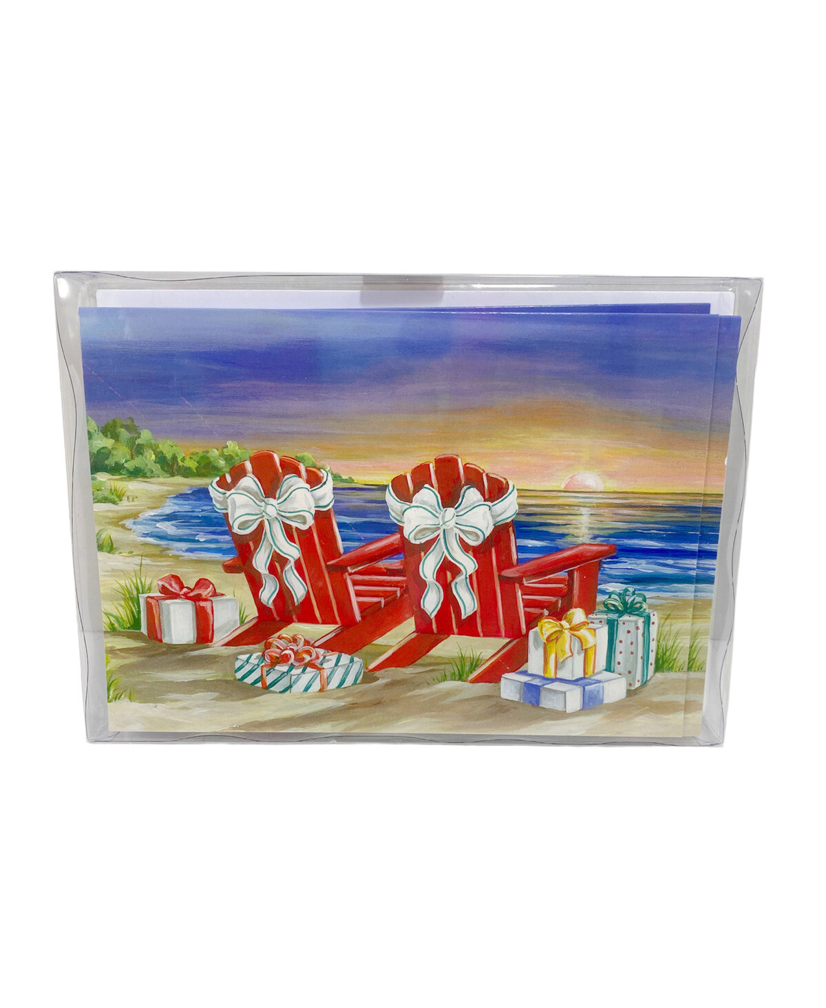 Two Red Adirondack Chairs 12 Boxed Christmas Holiday Cards Presents Sunset
