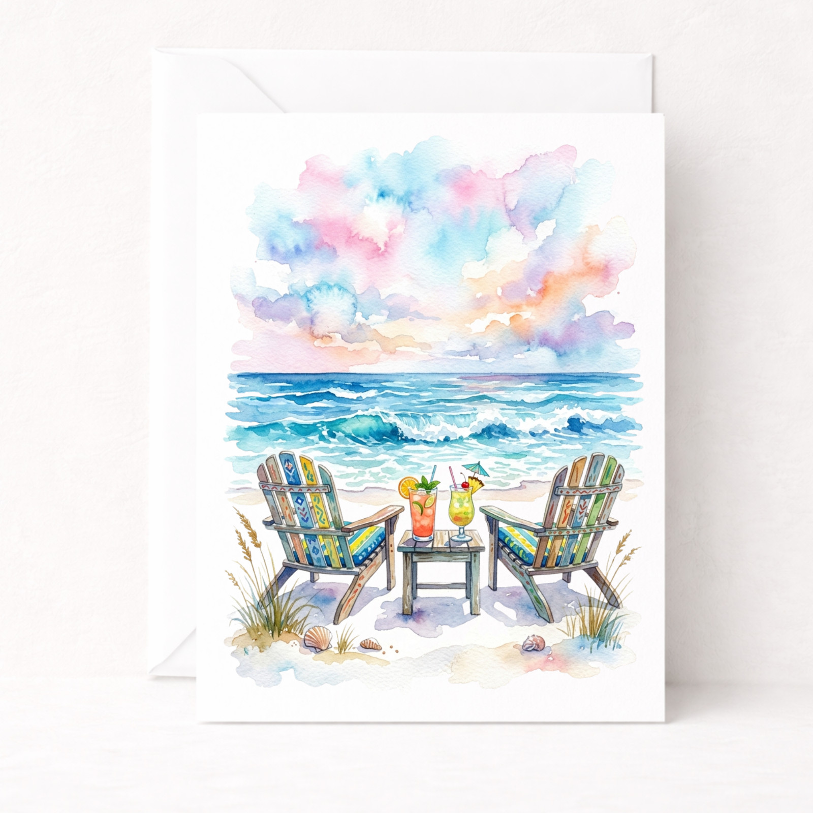 Beach Sunset Greeting Card – A2 Size – Blank Inside – Coastal Watercolor Art