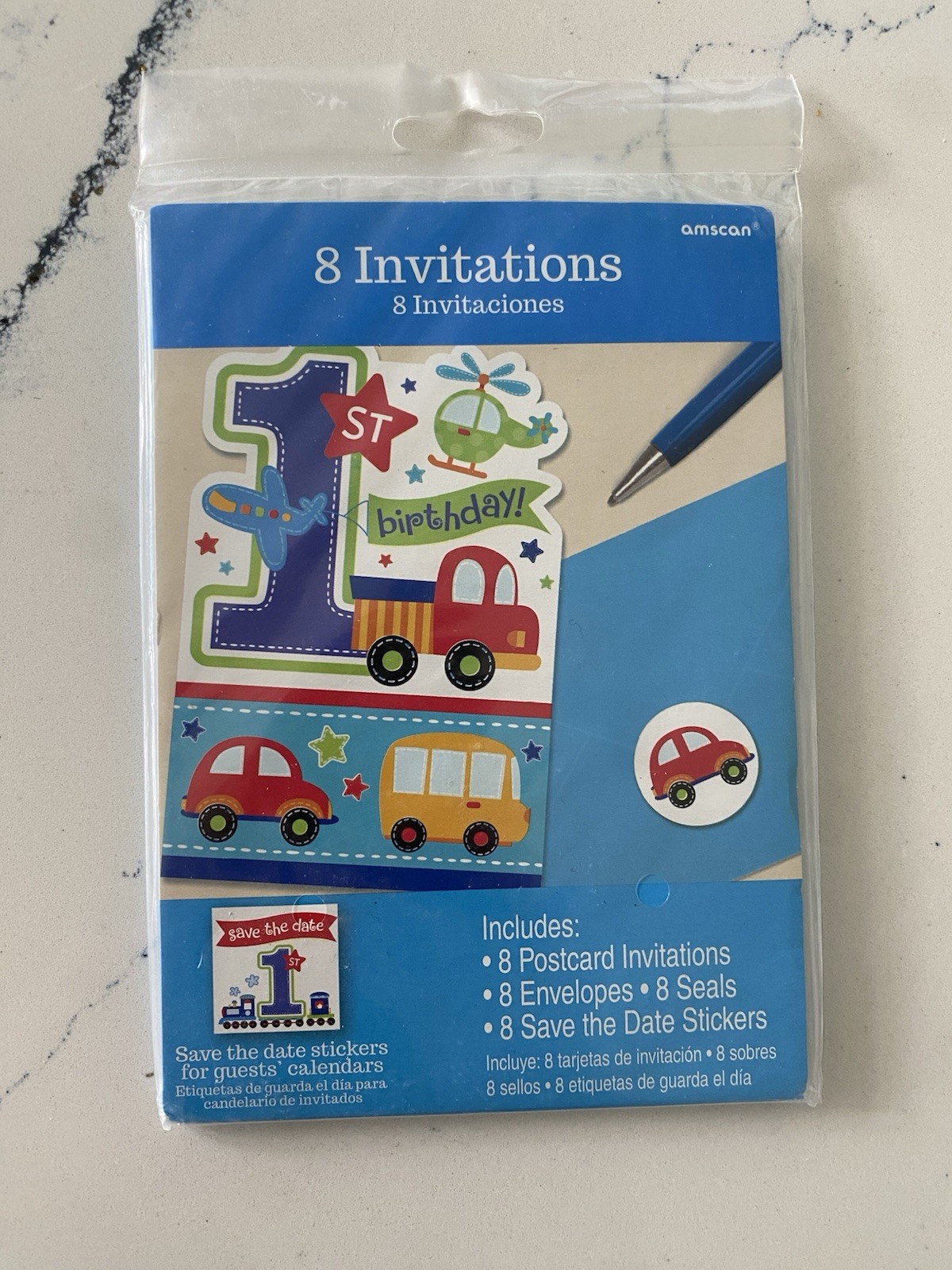 Amscan 1st Birthday all aboard planes trains cars Invitations 8ct