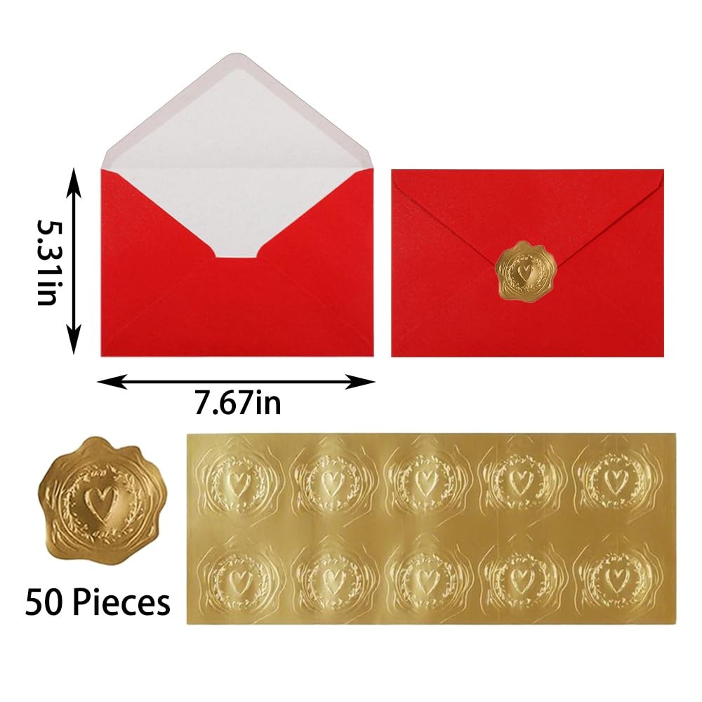 50 PCS A7 Self Seal Red Sprinkle Gold Envelopes 5×7 Inch Pearl Glitter Paper