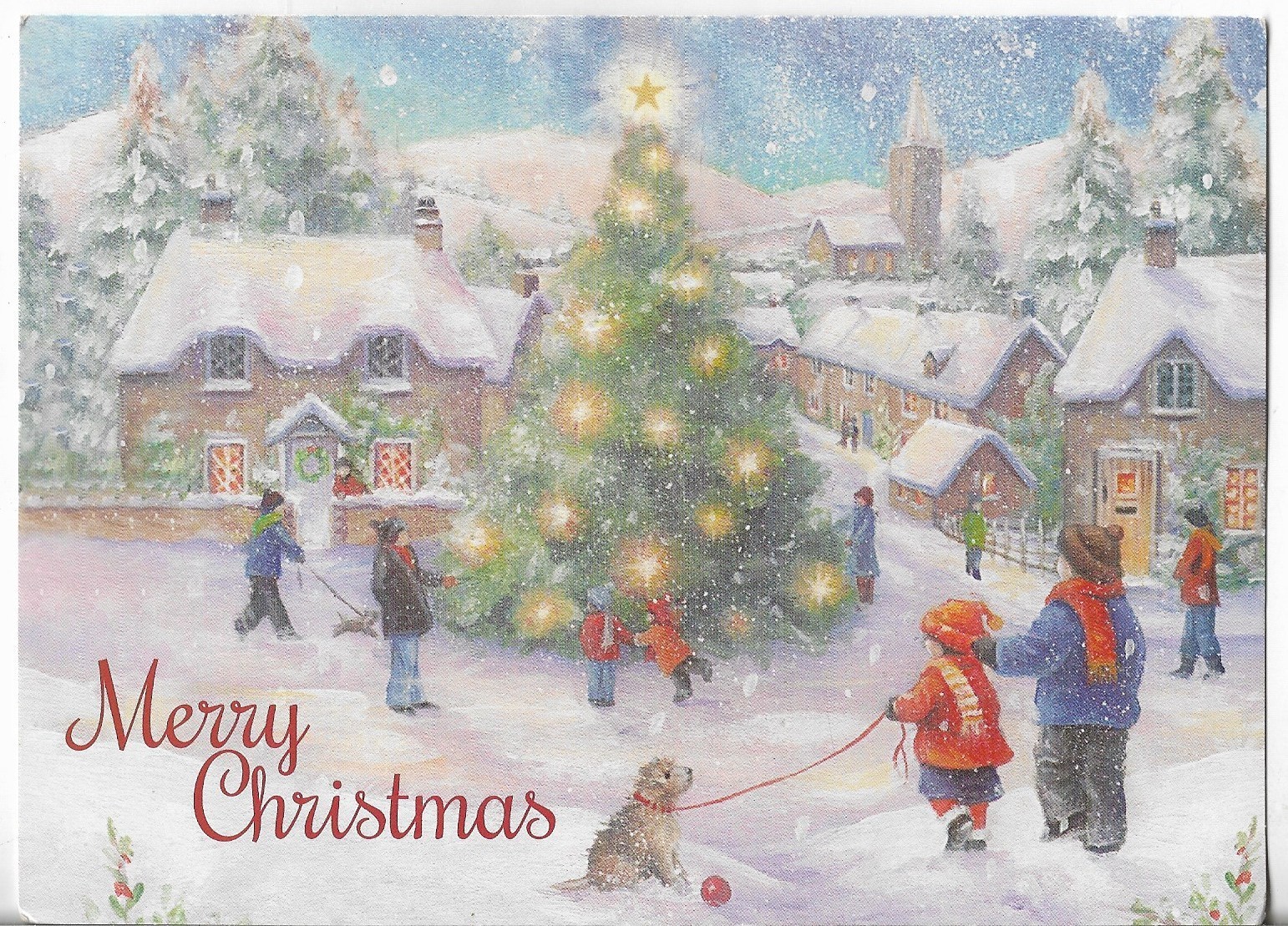 NEW CHRISTMAS GREETING CARD 7.5×5.5 Xmas Tree in the Center of Town Children Dog