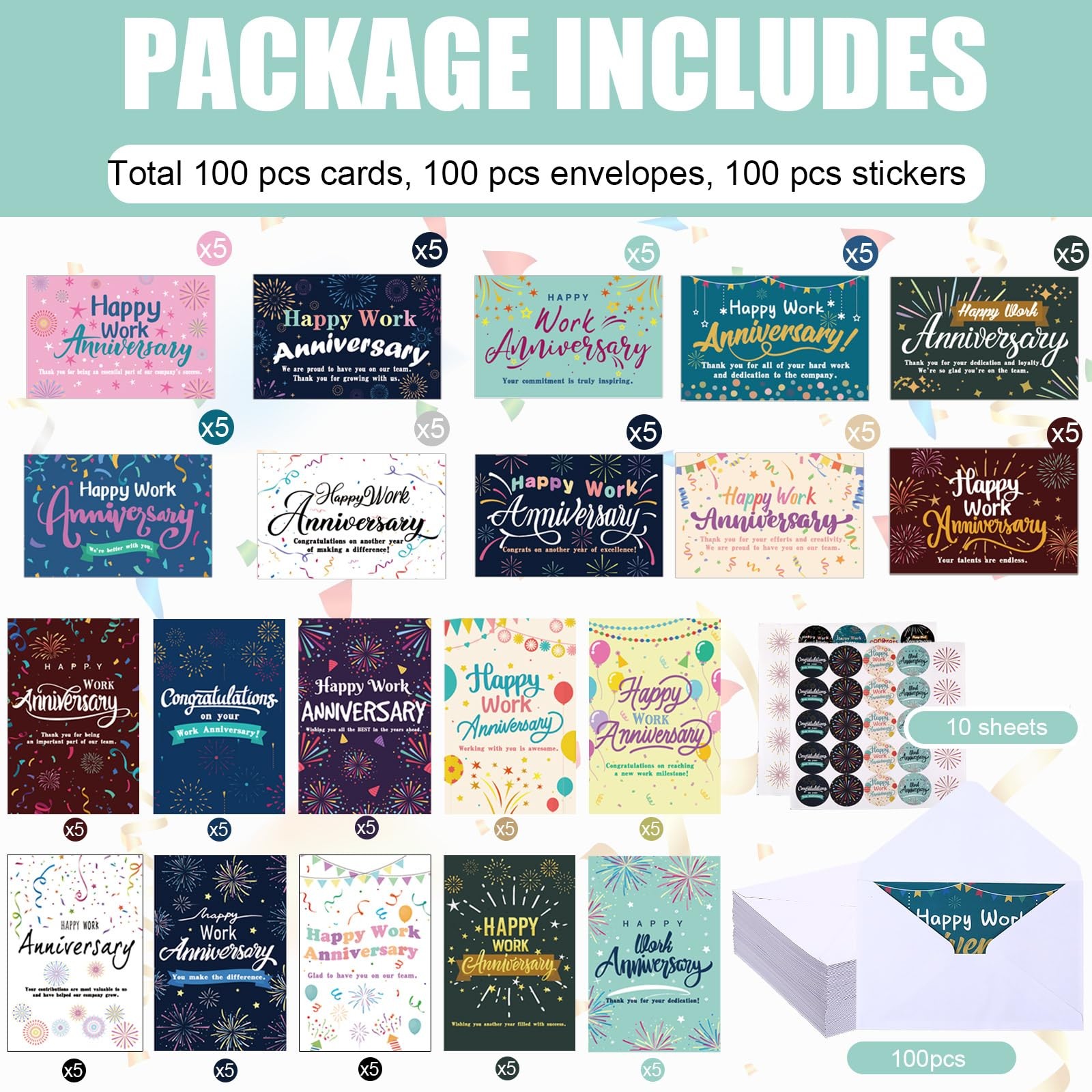 Motiskyy 100 Sets Happy Work Anniversary Cards with Envelopes and Stickers Em…