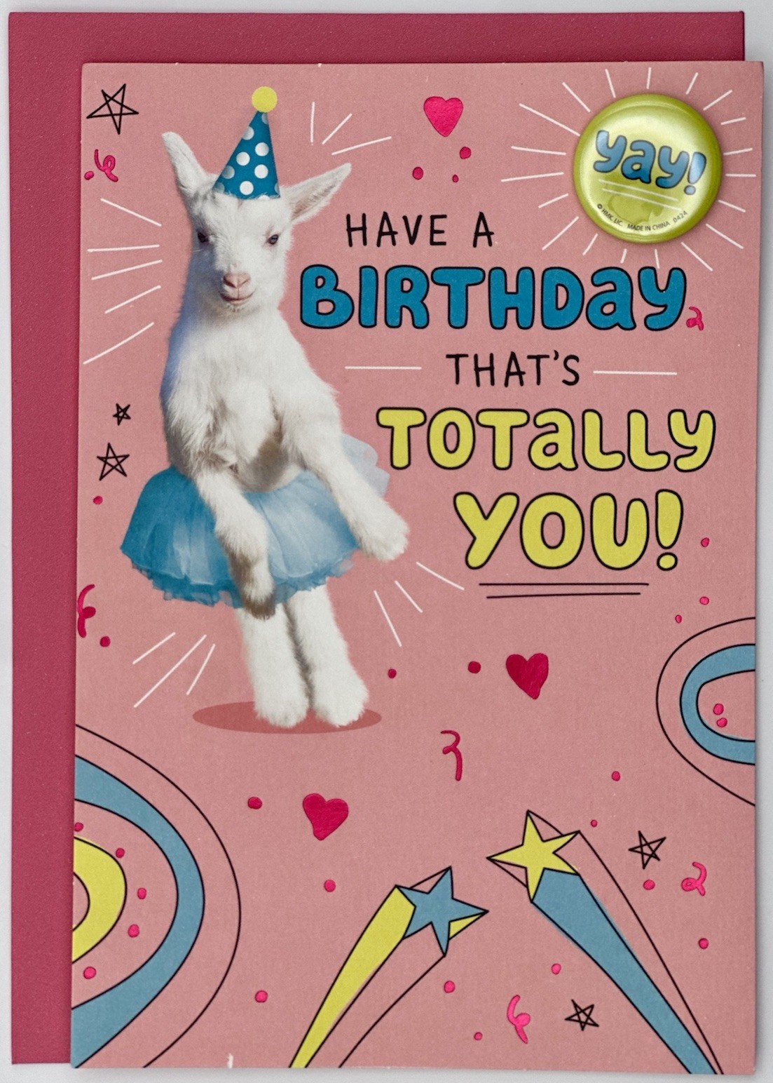 – CHILDREN’S BIRTHDAY GREETING CARD – FUNNY GOAT / REMOVABLE PIN / GIRL’S