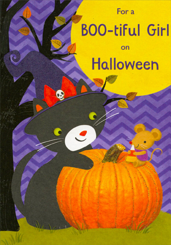 Cute Kitten Mouse and Pumpkin Purple Chevron Pattern Halloween Card for Girl