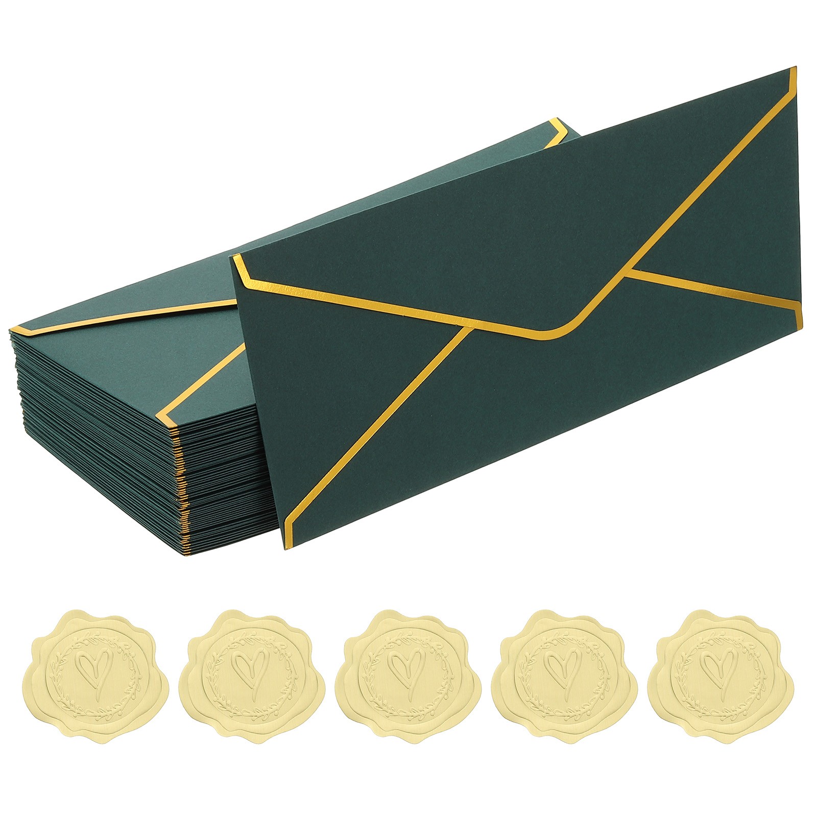 4 1/8 x 9 1/2 Inch Envelopes with Gold Border, 50 Pack V Flap, Dark Green