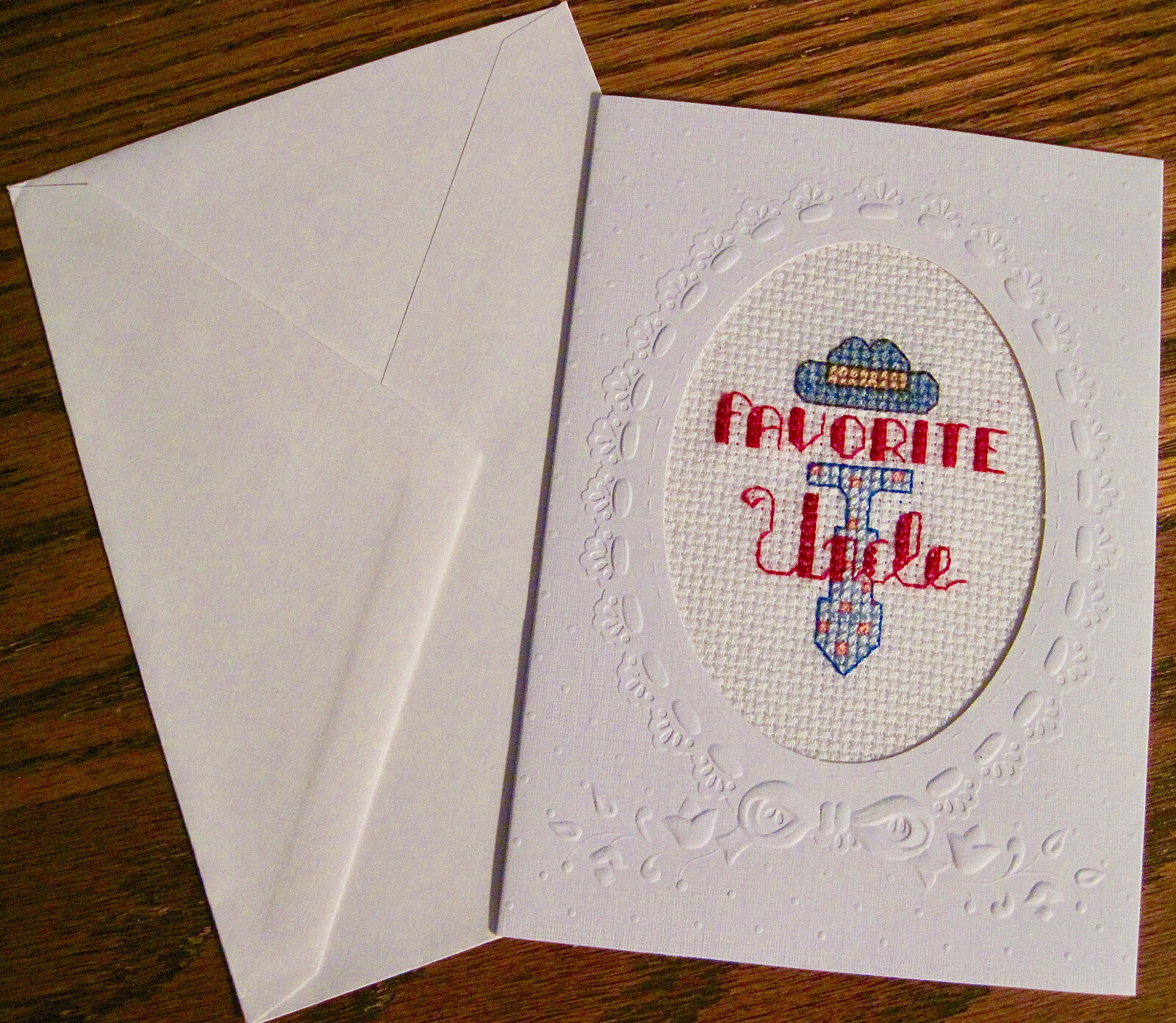 “FAVORITE UNCLE” Hand Stitched Counted Cross Stitch Card – BLANK INSIDE