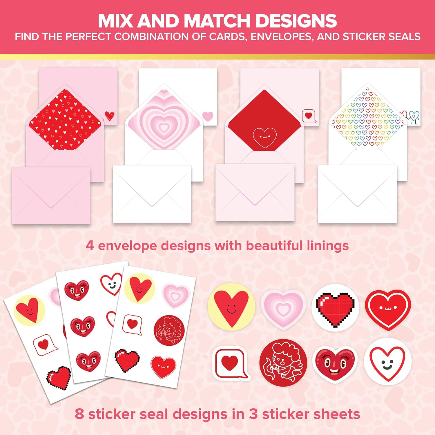 16 Pack 5x7in Children’s Valentine Cards with Envelopes and Stickers, 8 Adorable