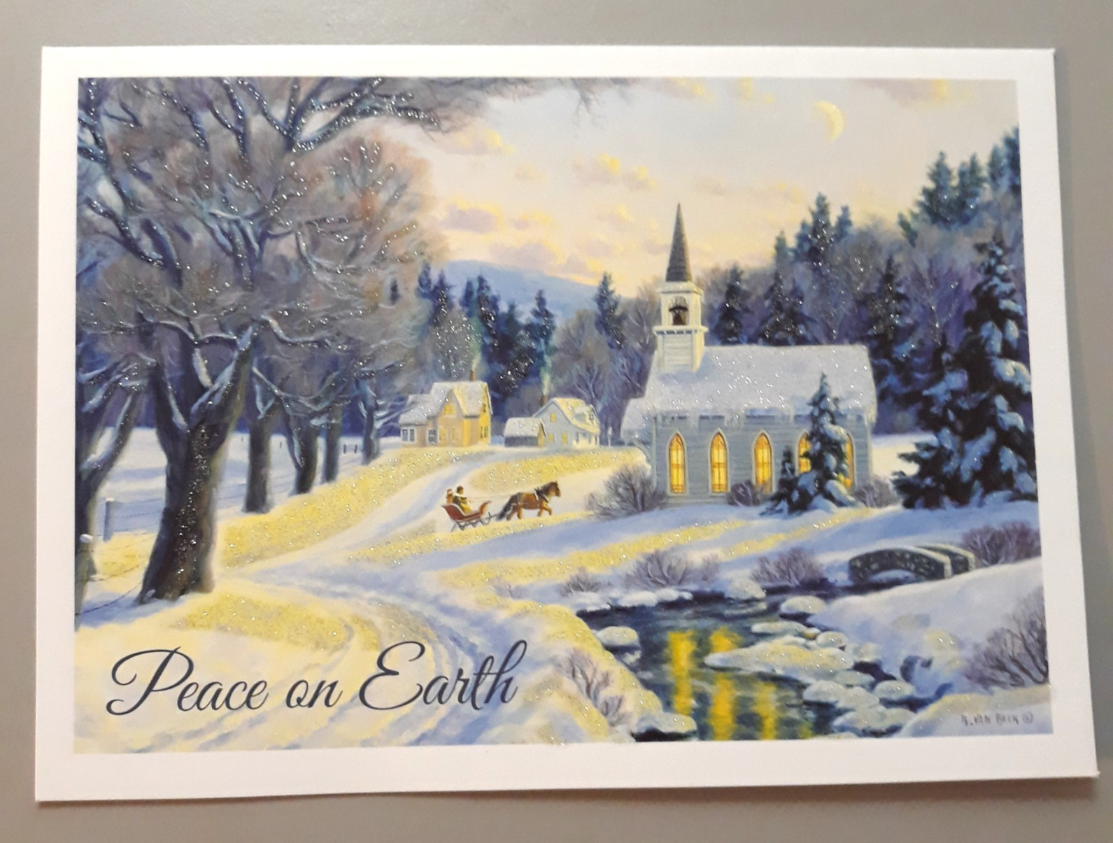 Greeting Card & Envelope Christmas Winter Snow Scene Church Horse Sleigh Sparkly