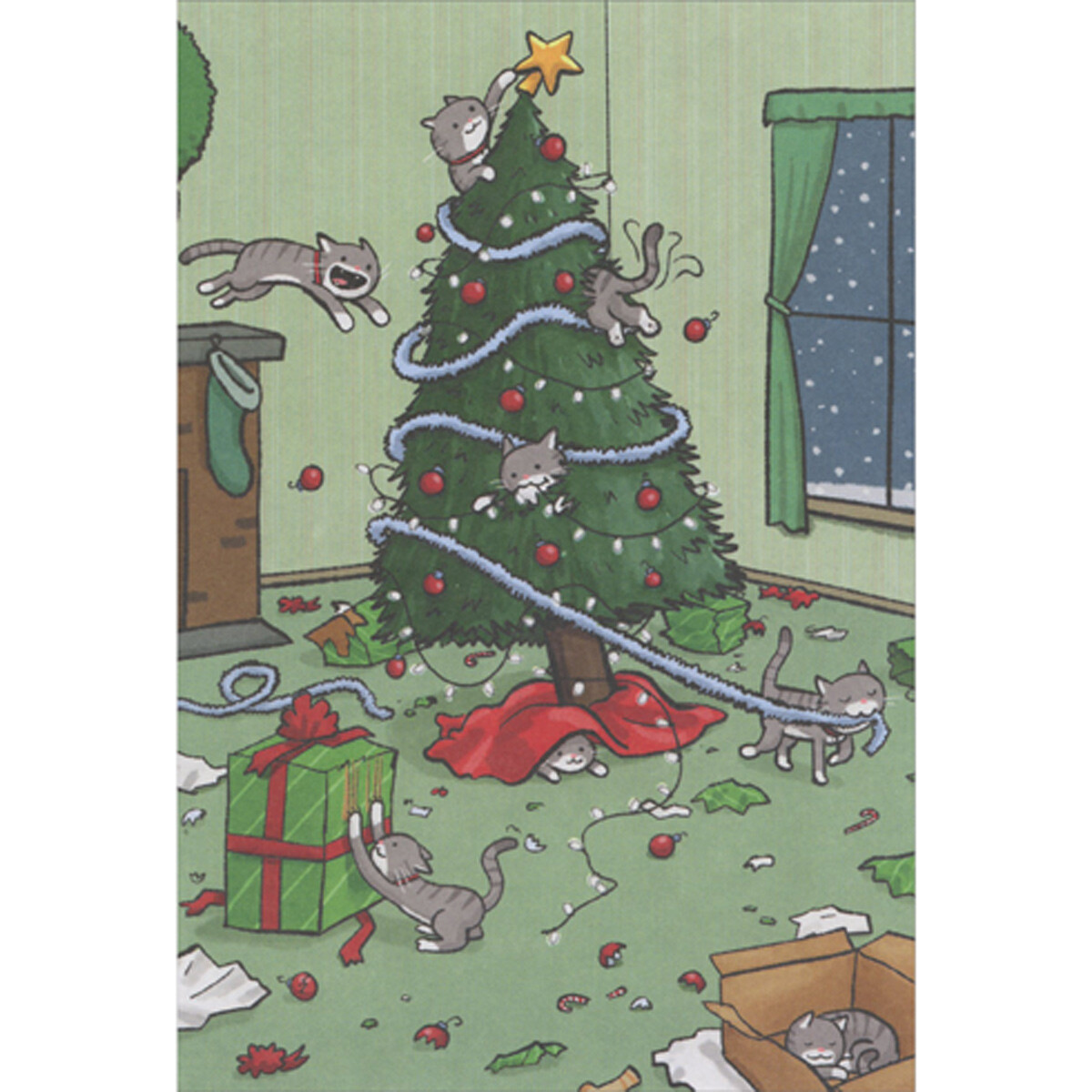 Cats Playing and Destroying Tree and Presents Funny Christmas Card from the Cat