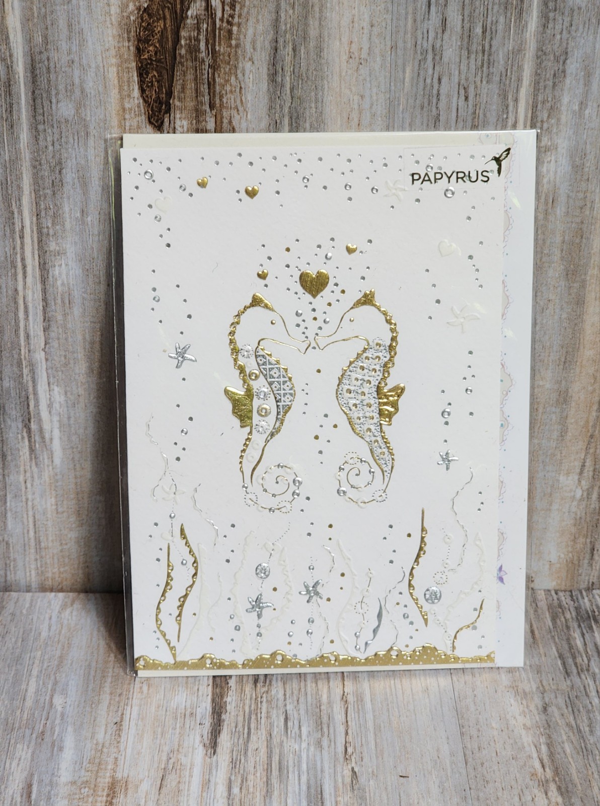 Papyrus RARE Turnowsky Foiled Gold Trim Layered Seahorse Heart Romantic Card