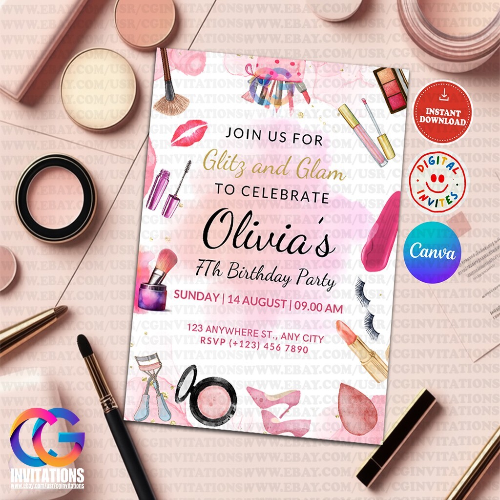 EDITABLE Makeup Girls Birthday Party Glamor, Beauty, Fashion Invitation Template