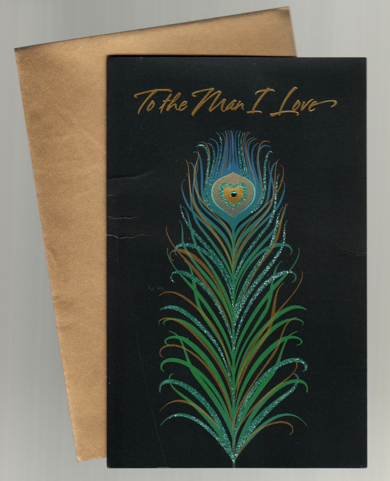 Peacock Feather Birthday Card, To the Man I Love Glittery Black/Green/Blue/Gold
