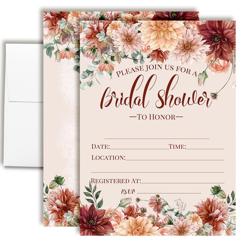 Boho Burgundy Floral Bridal Shower Invitations – 20 Rustic Fall Fill In 5×7 C…