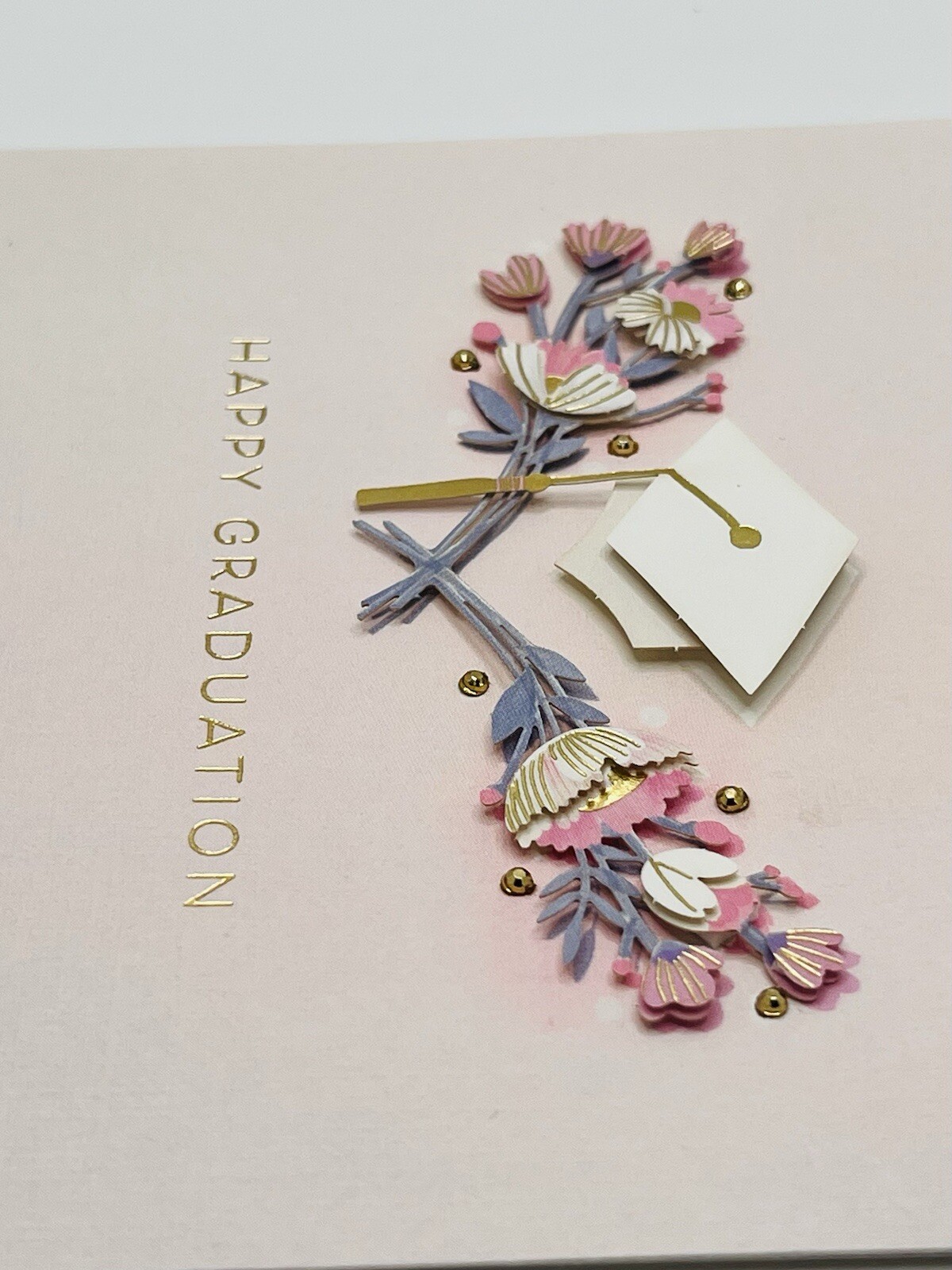 Graduation Card 3D Cutout Pink Floral Gold Foil, Beaded Hallmark Card NEW