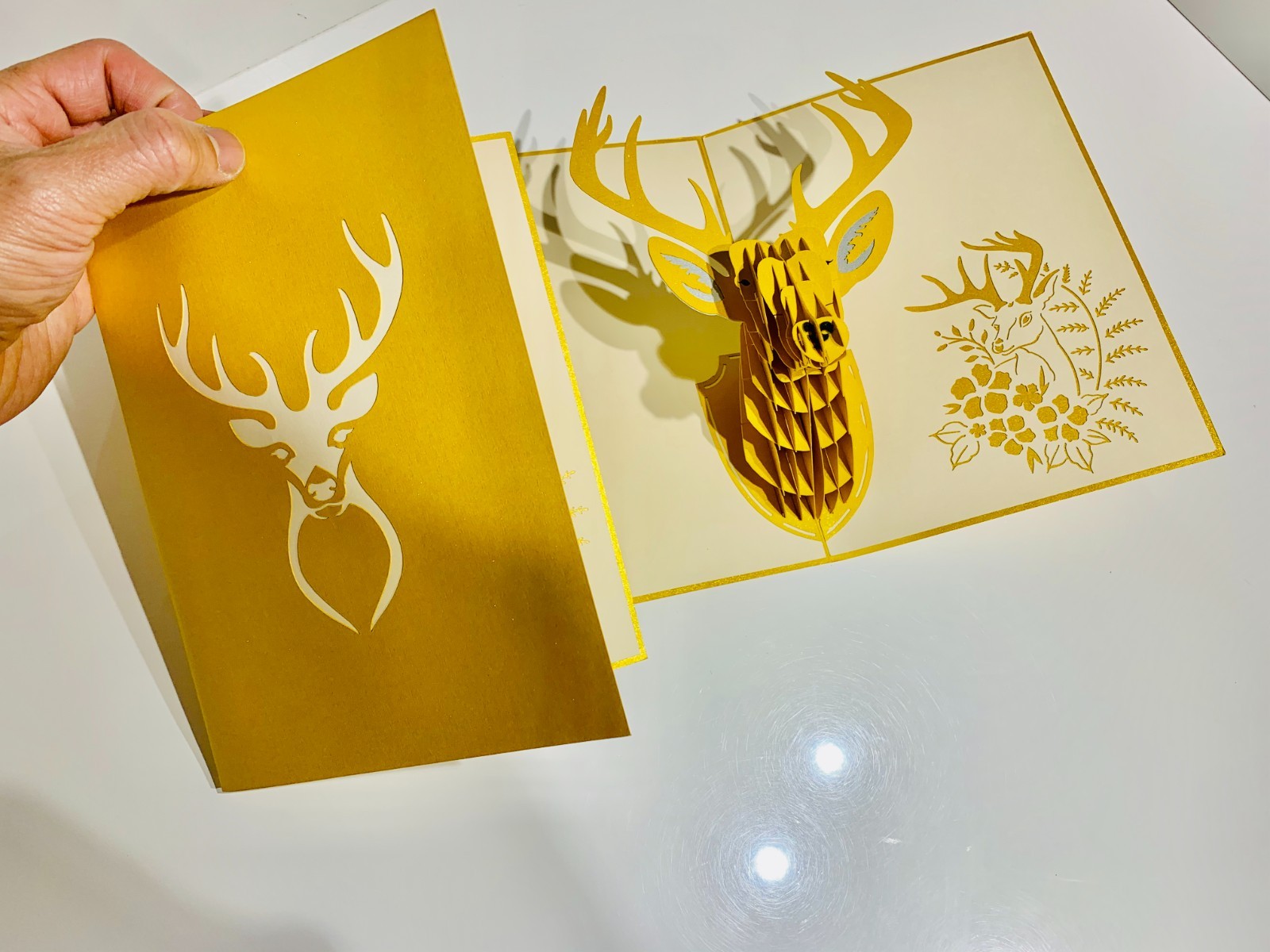 Origami Pop Cards Gold Stag Deer Head Hanging Wall Decor Happy Holidays 3D Pop
