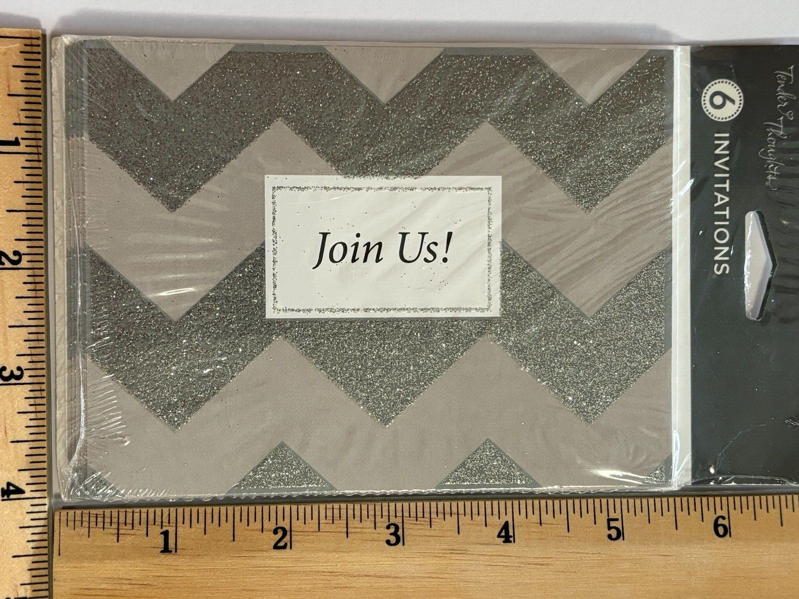 Join Us! Party Invitation 6 Cards W Envelope Silver Glitter Chevron Any Occasion