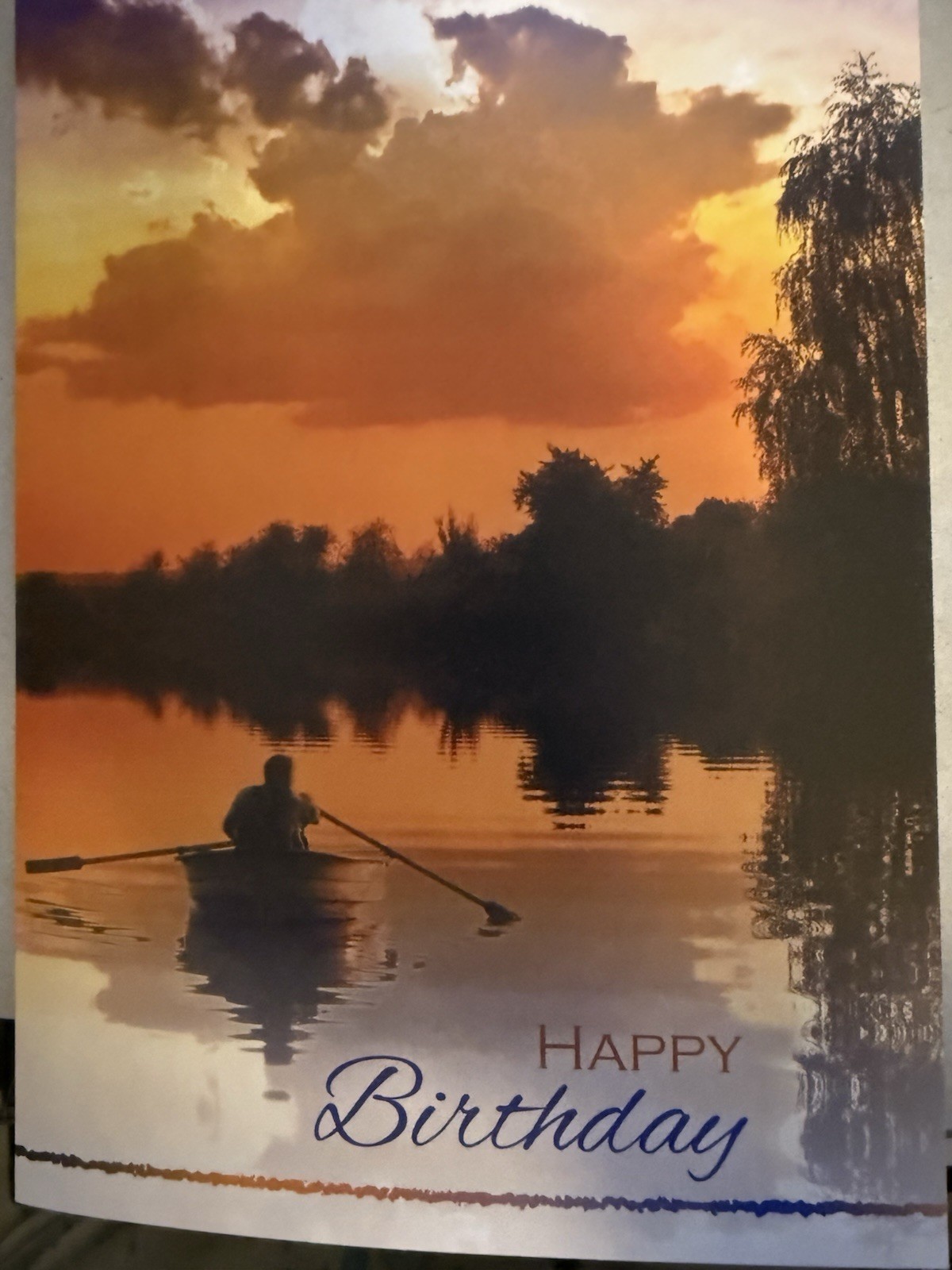 “Happy Birthday” – Row boat on lake at sunset- Approx 5 X 7″