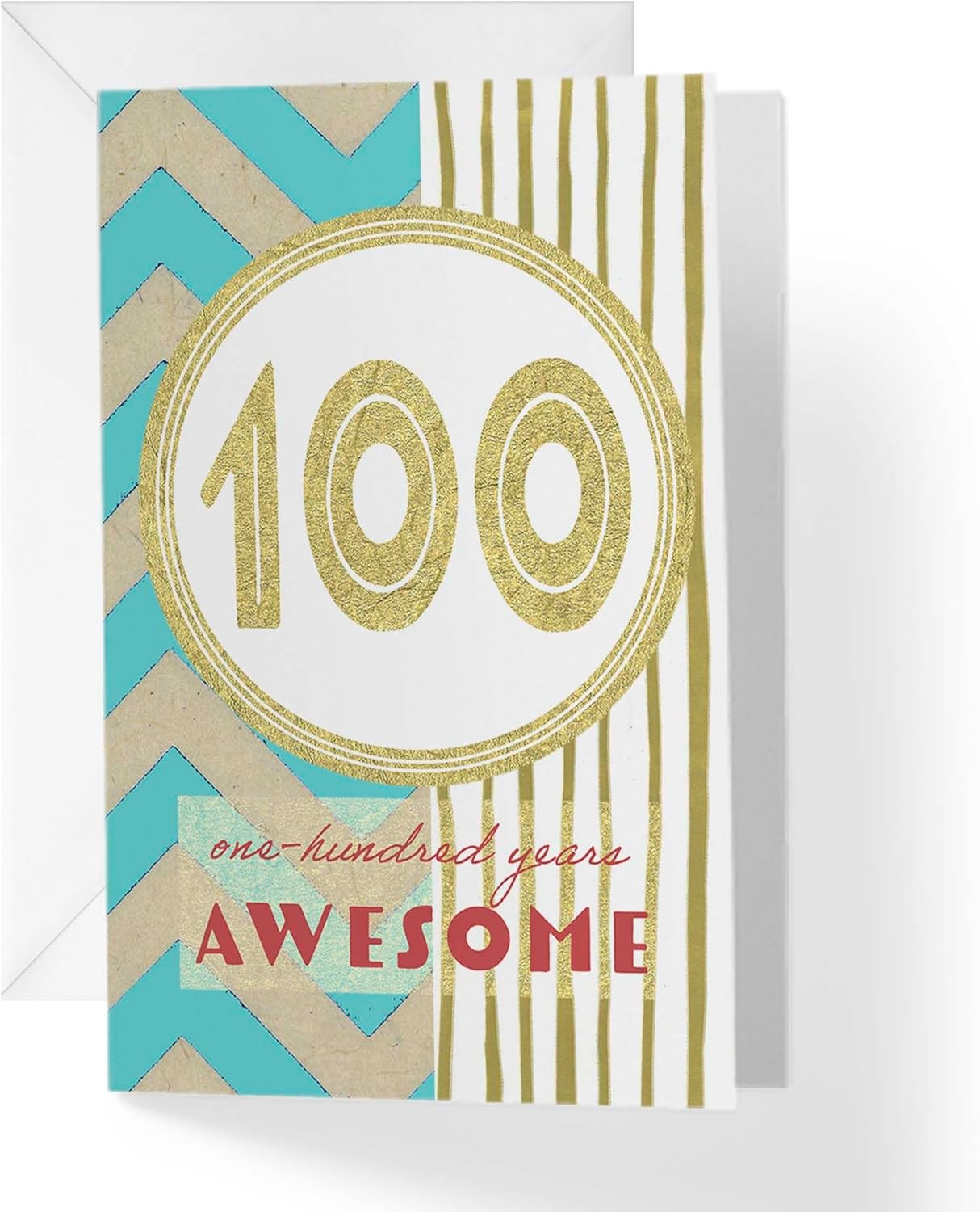100th Birthday Card with Envelope – Gold Stripes Turquoise Chevron one-hundred y