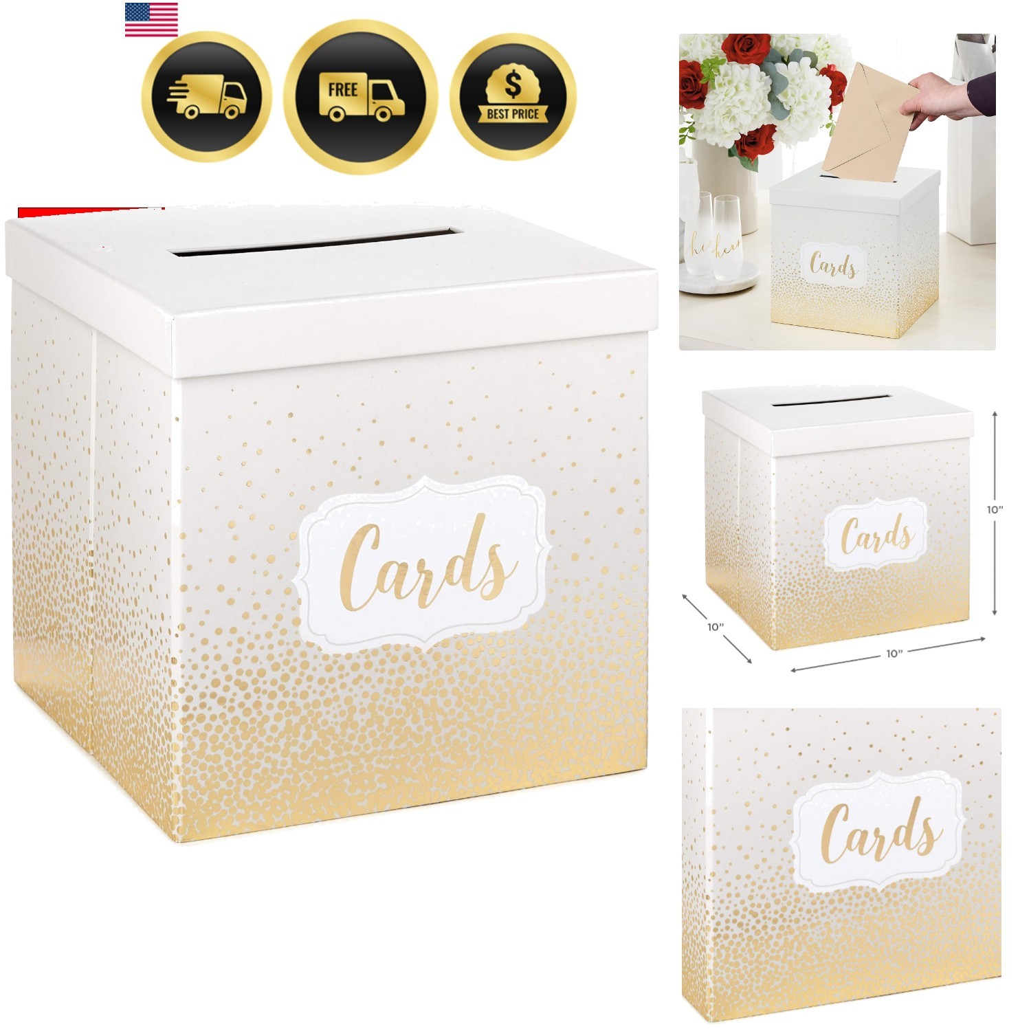 10″ Elegant Card Receiving Box Pearl and Gold Dots for Weddings, Graduations,…