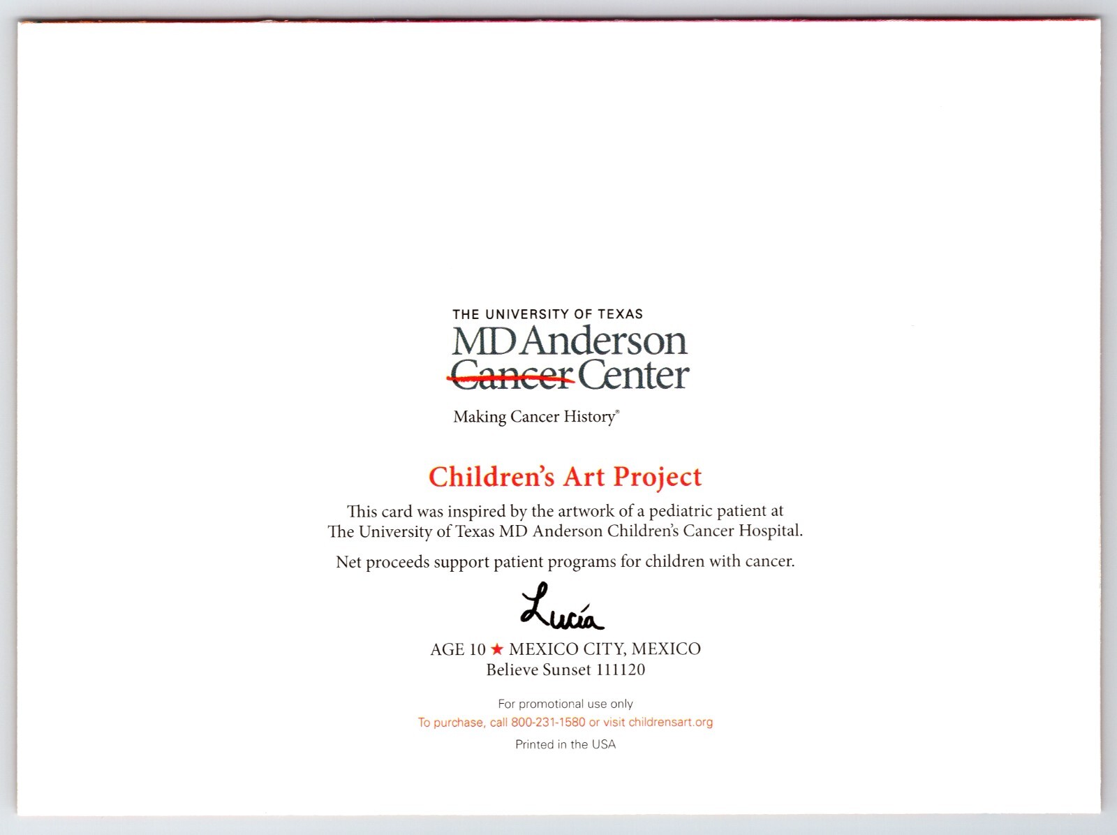 Greeting Card Believe MD Anderson Cancer Center Children’s Art Lucia Envelope