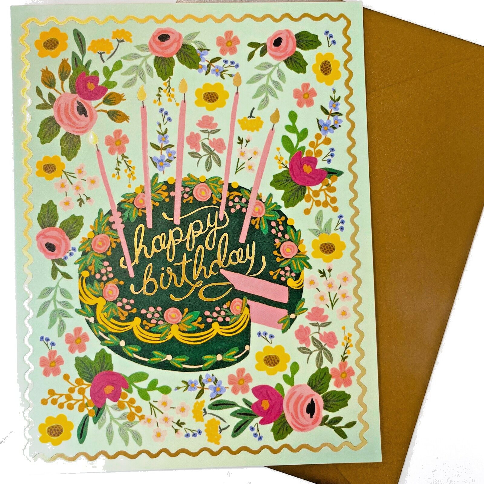 RIFLE PAPER CO. Greeting Card & Envelope – “FLORAL CAKE BIRTHDAY” w Gold Foil